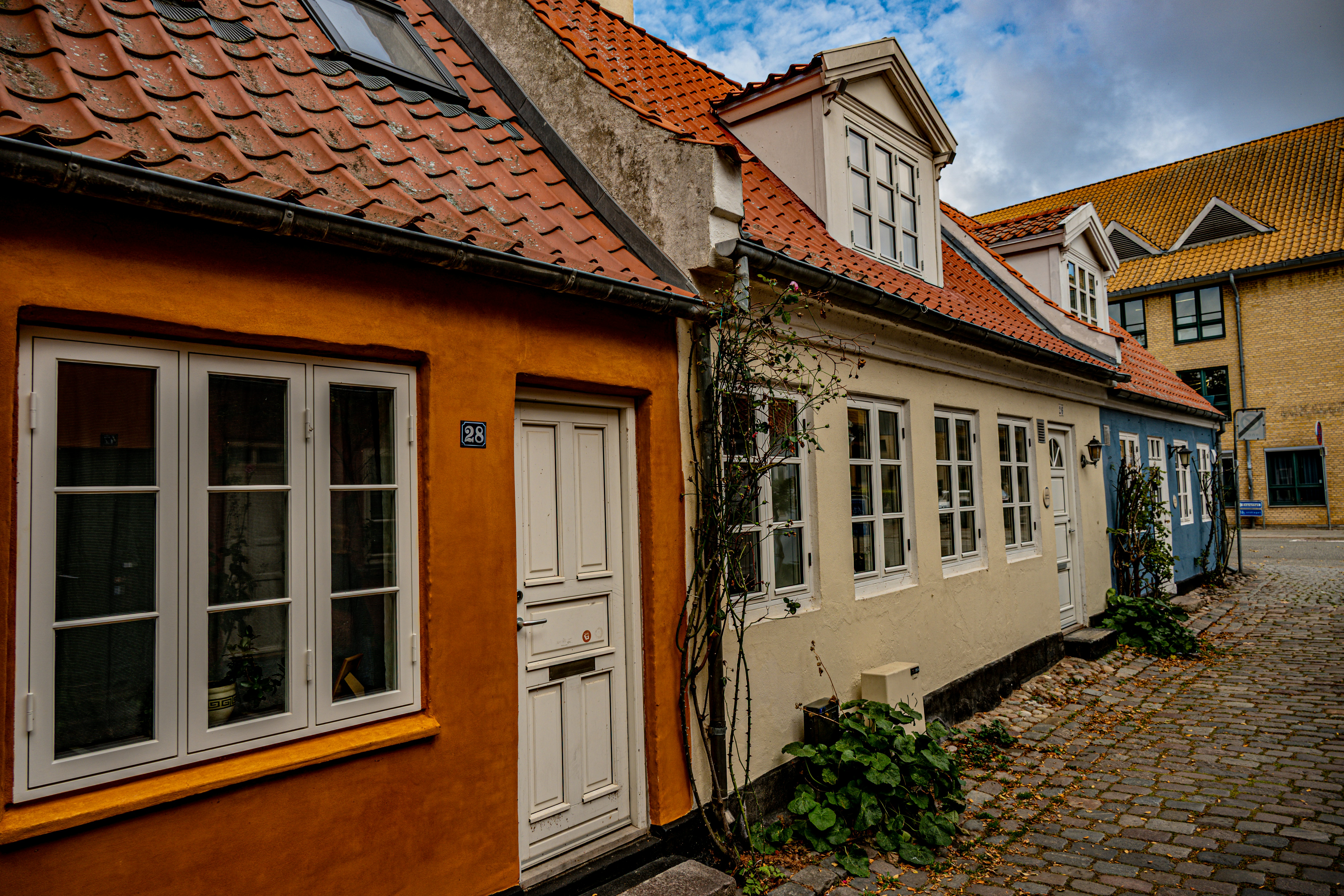 Colorful old houses line a cobblestone street.
