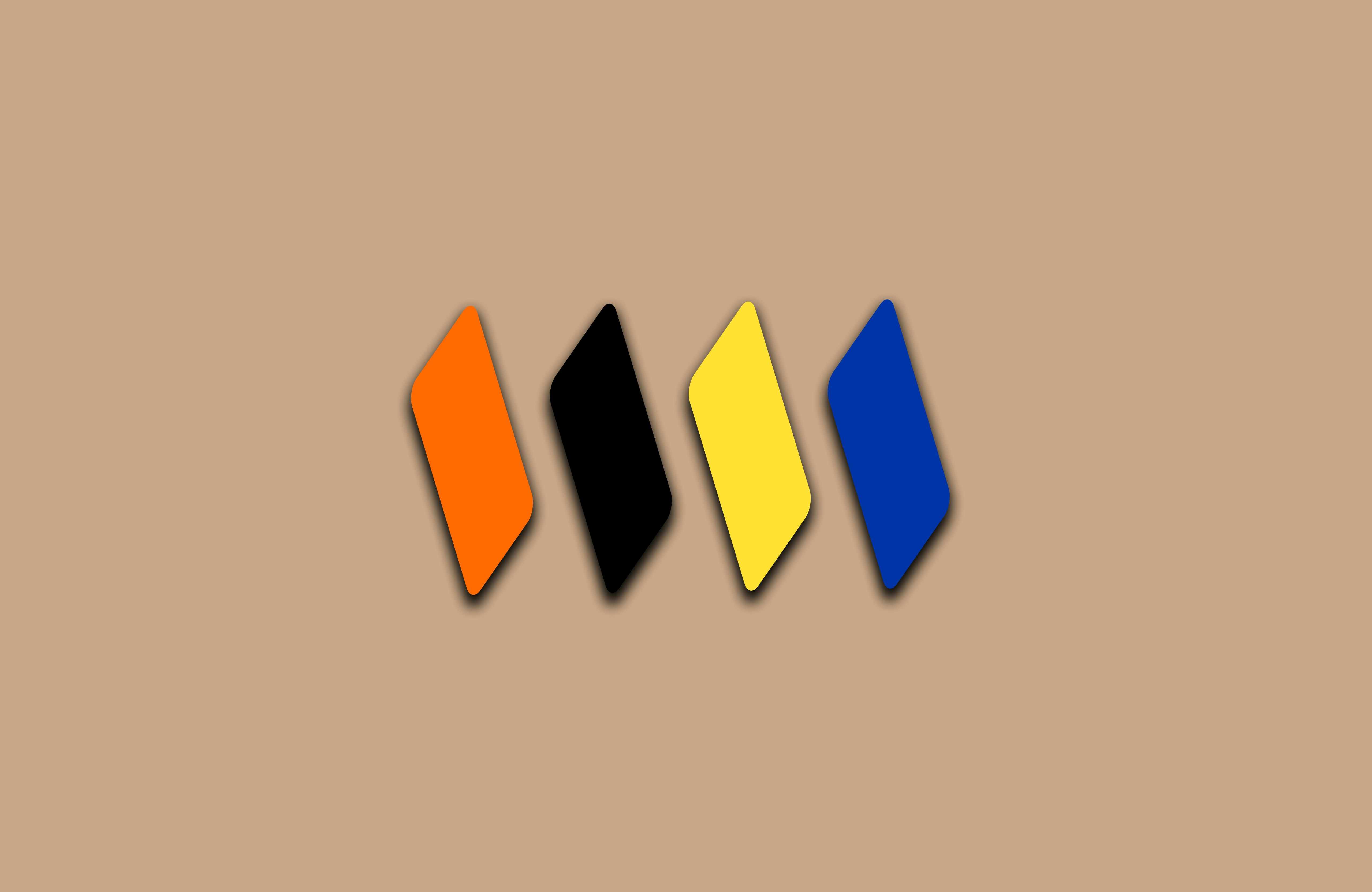 Four colorful shapes on a brown background