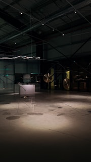 Modern art installation with hanging sculptures and lights.