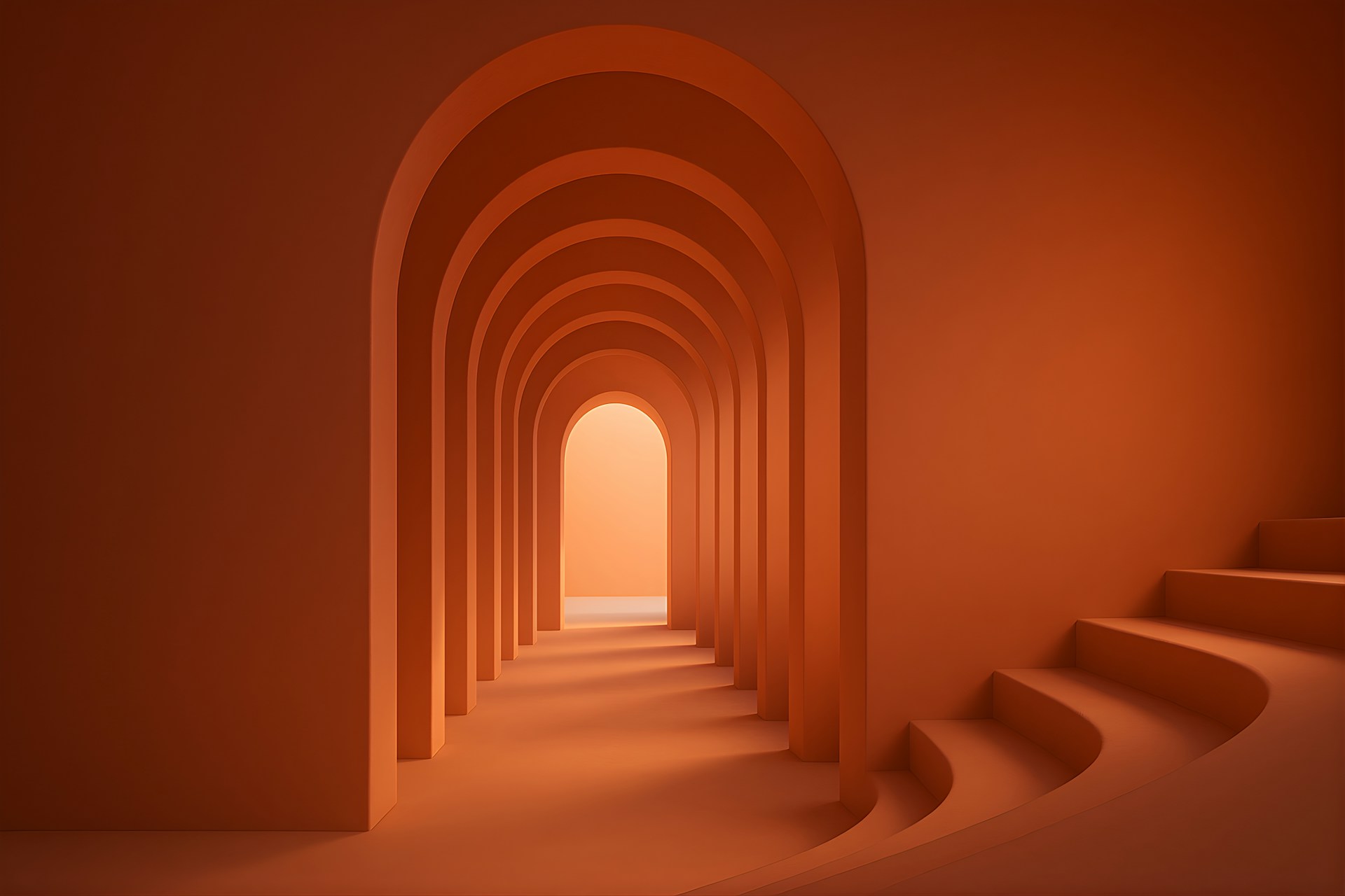 Orange arched hallway with stairs leading upwards