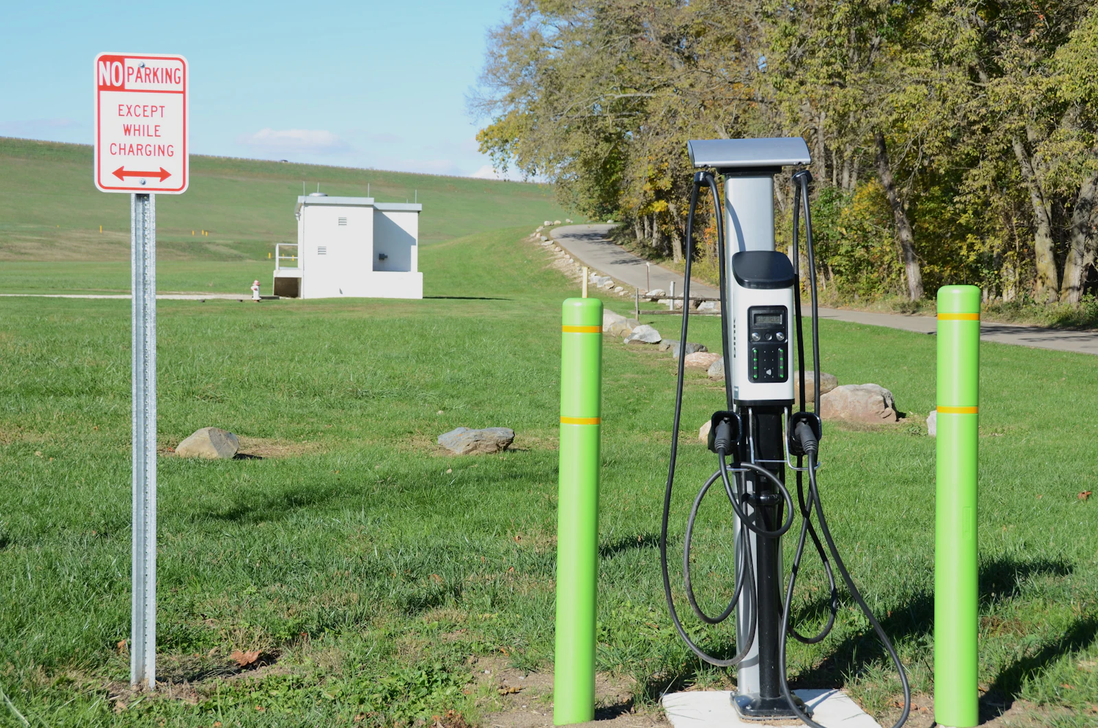 An electric car charges in a Norwegian landscape