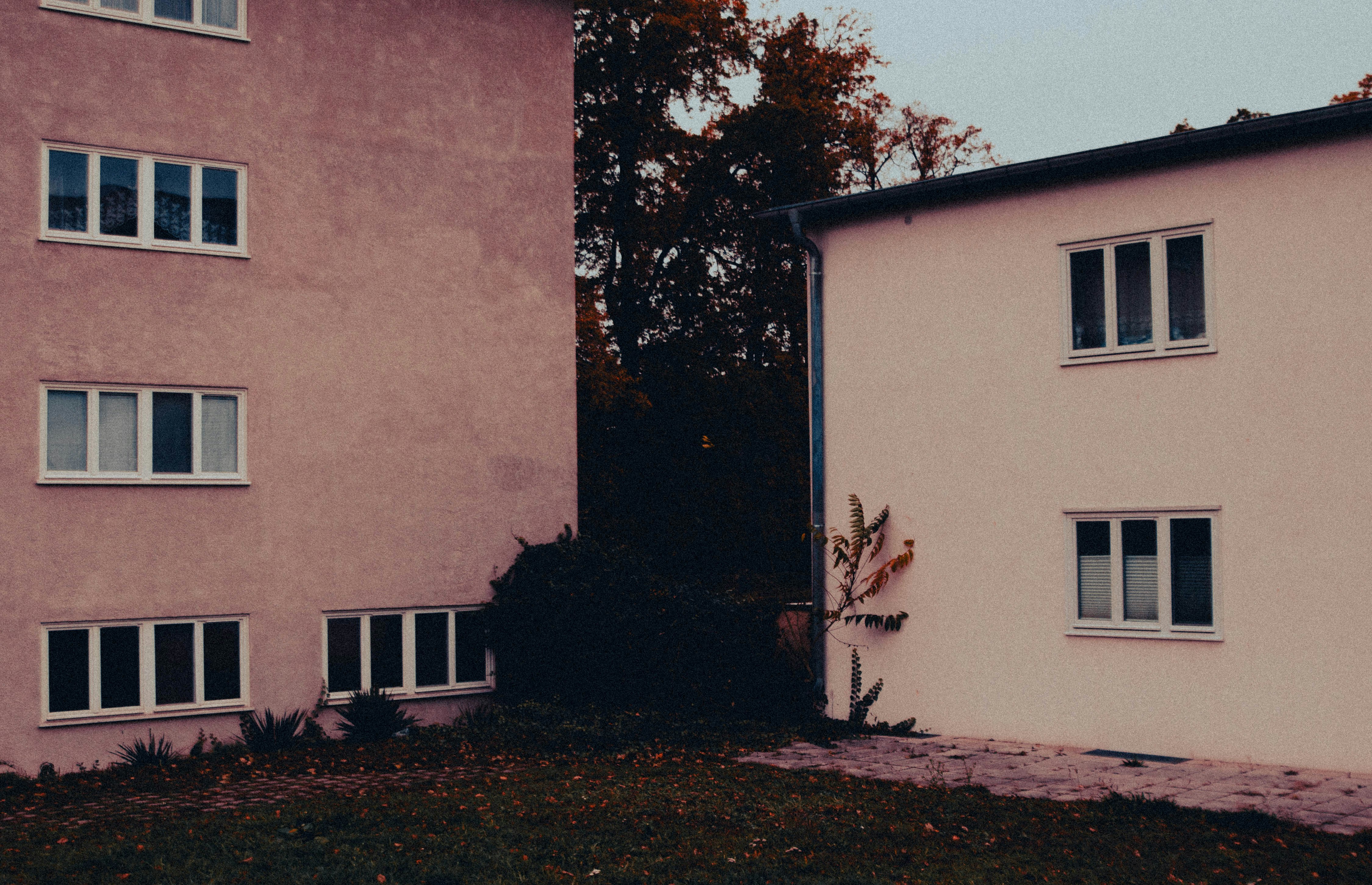Two buildings with windows and trees in between.