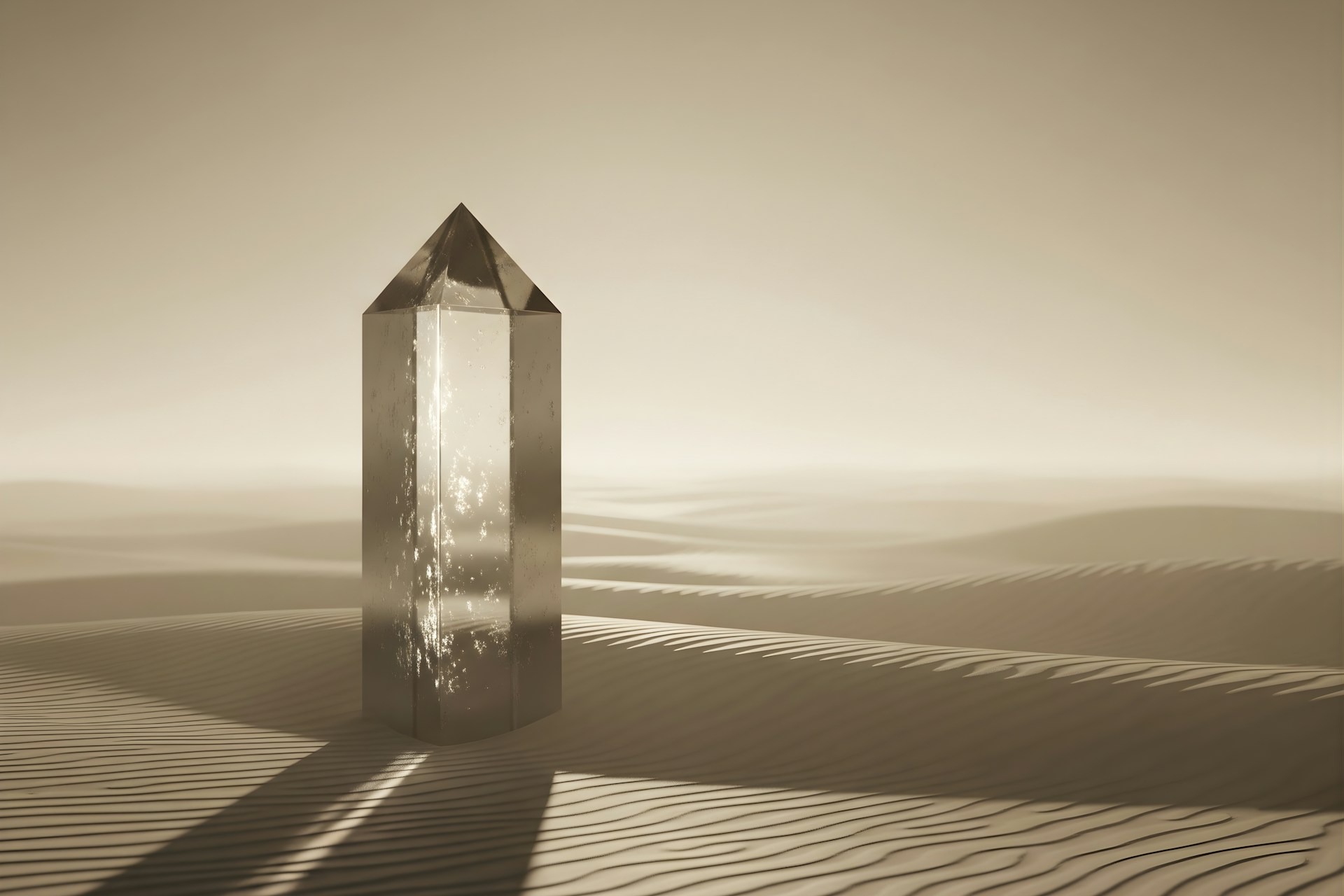 A tall crystal stands in a desolate desert landscape