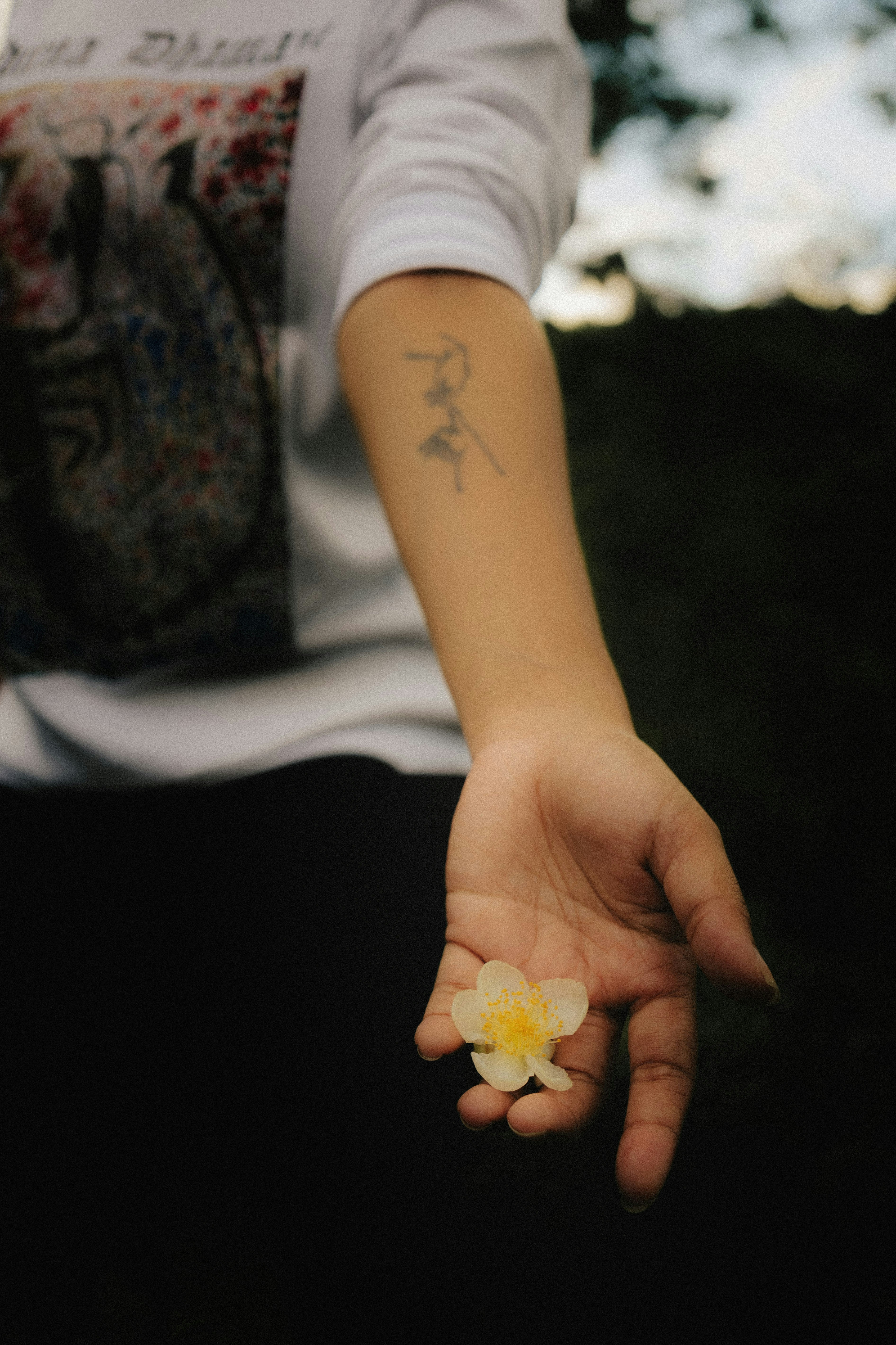 Hand holding a delicate white flower with tattoo.