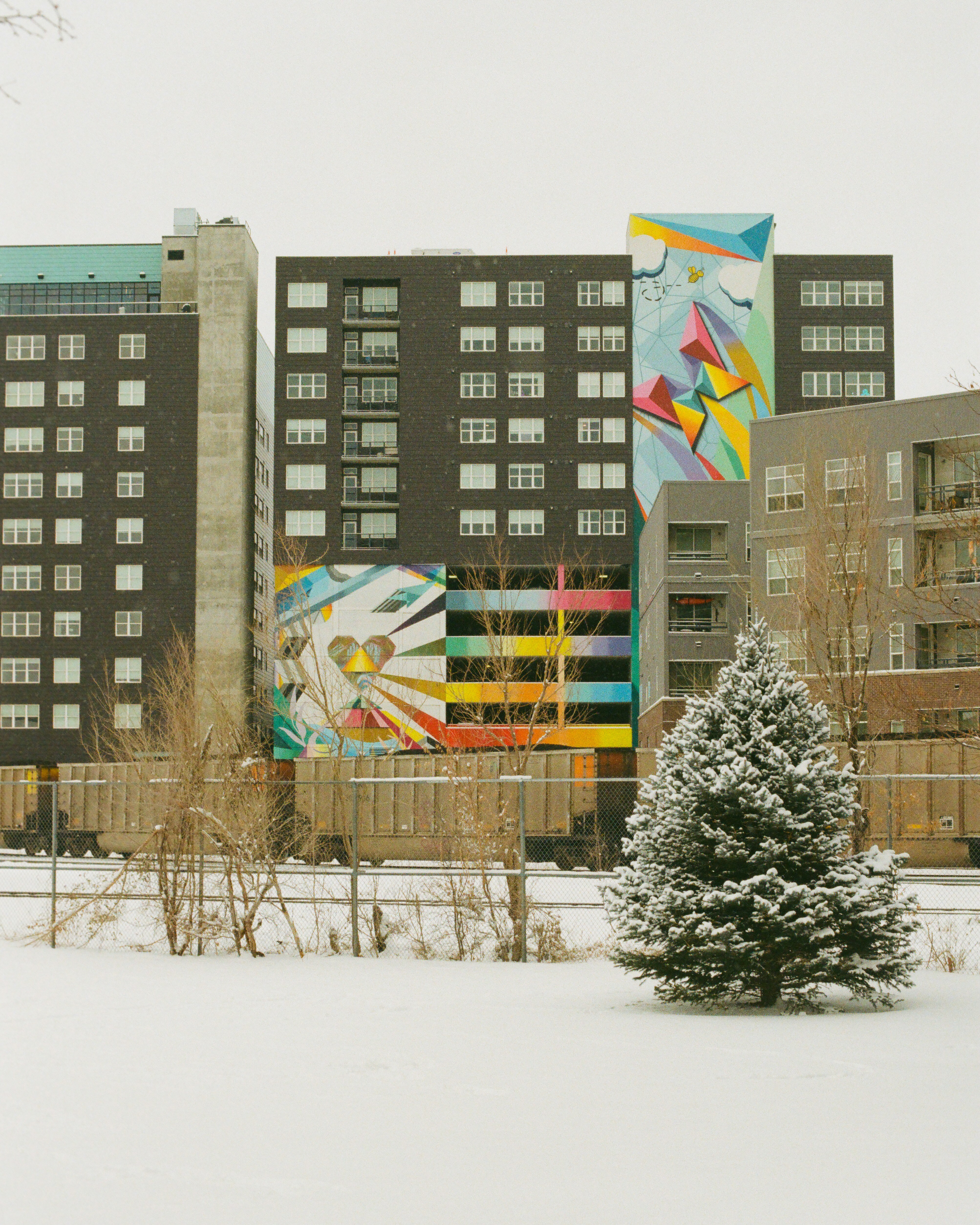 Buildings with colorful murals in a snowy urban setting