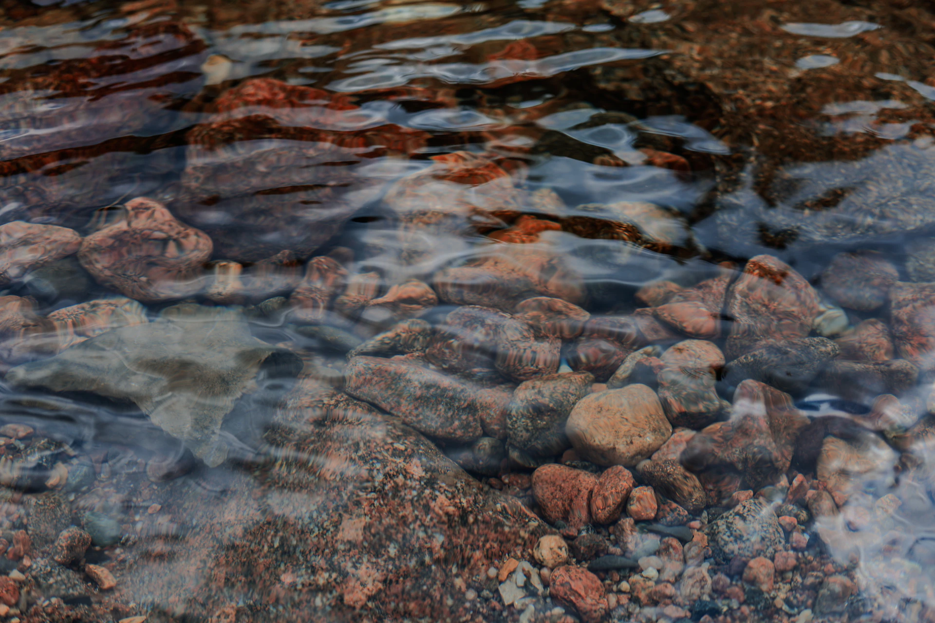 Clear water flowing over colorful river rocks