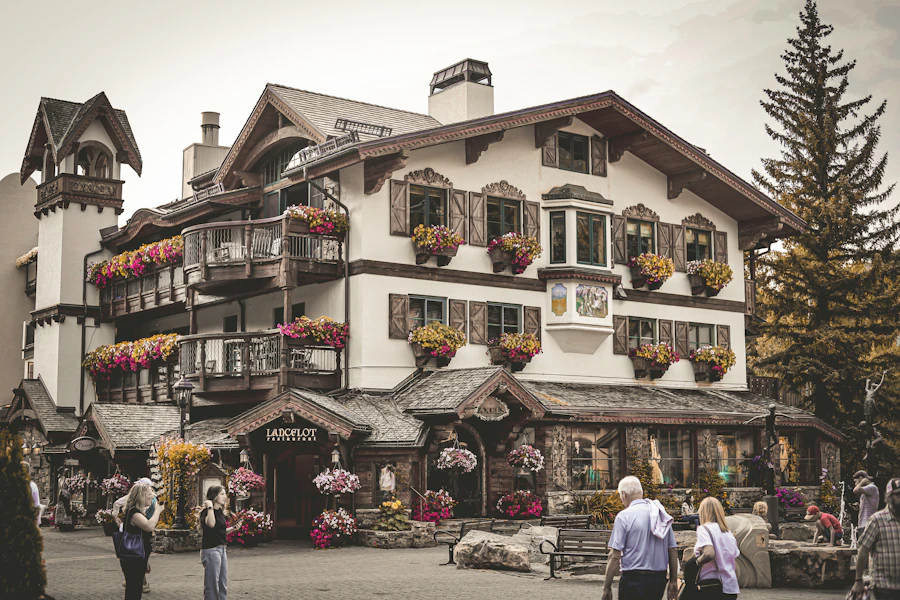Flower-filled alpine buildings in Vail Village