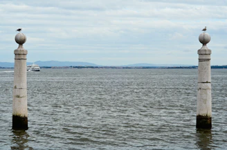Two stone pillars in the water with seagulls