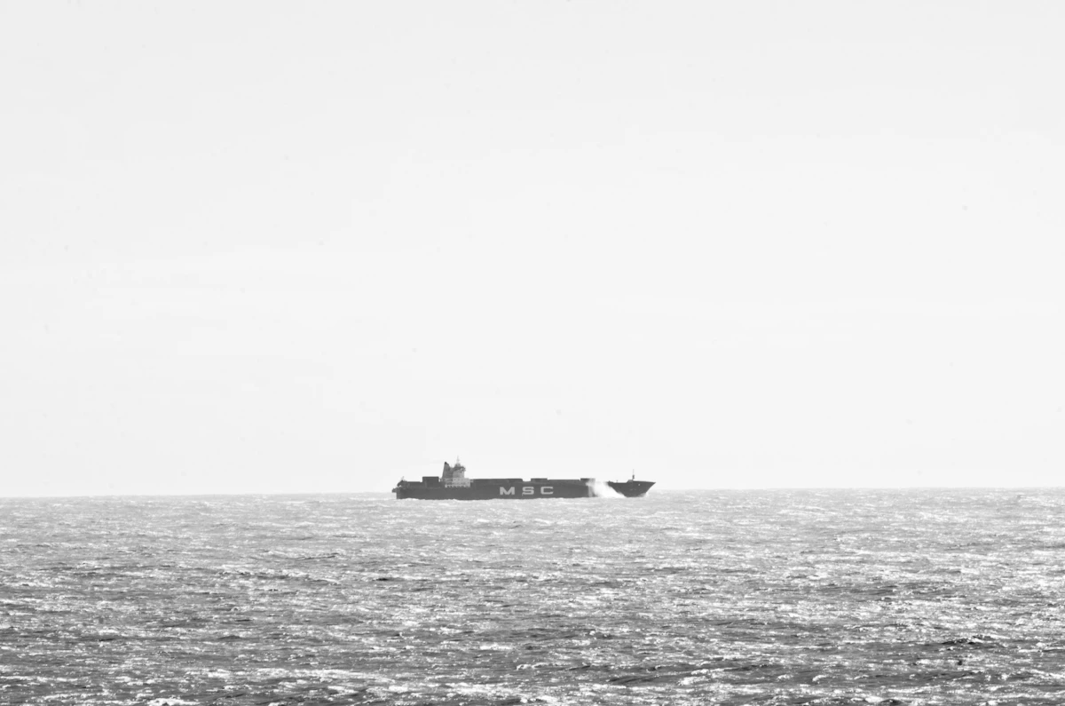 Large container vessel underway on open water