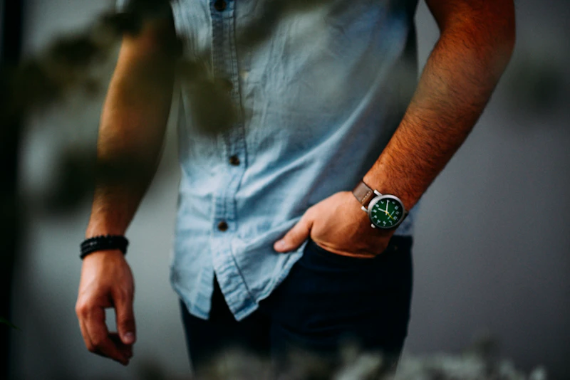 Mens casual denim shirt and watch styling