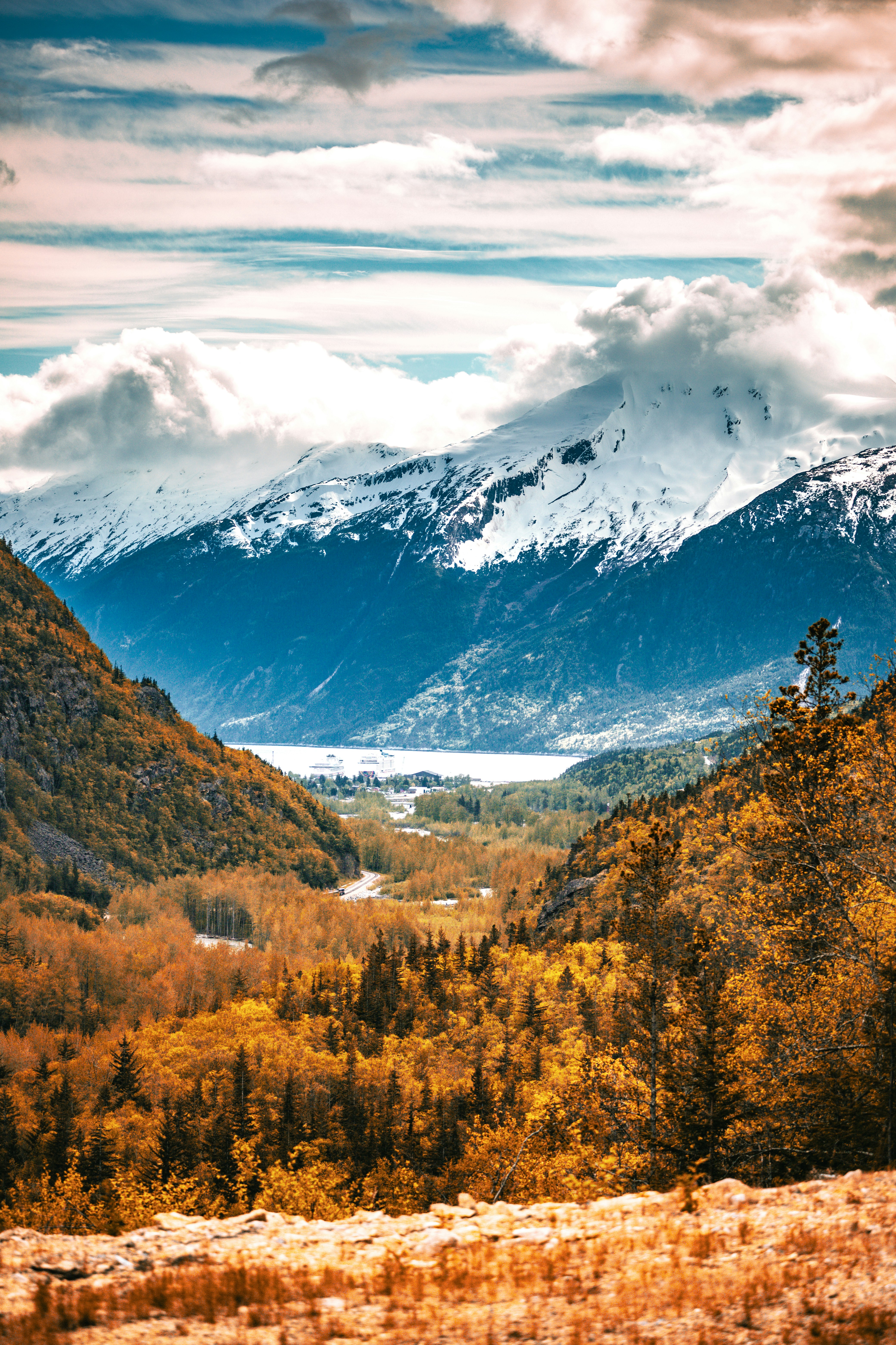 Snow-capped mountains overlook a valley with autumn trees.