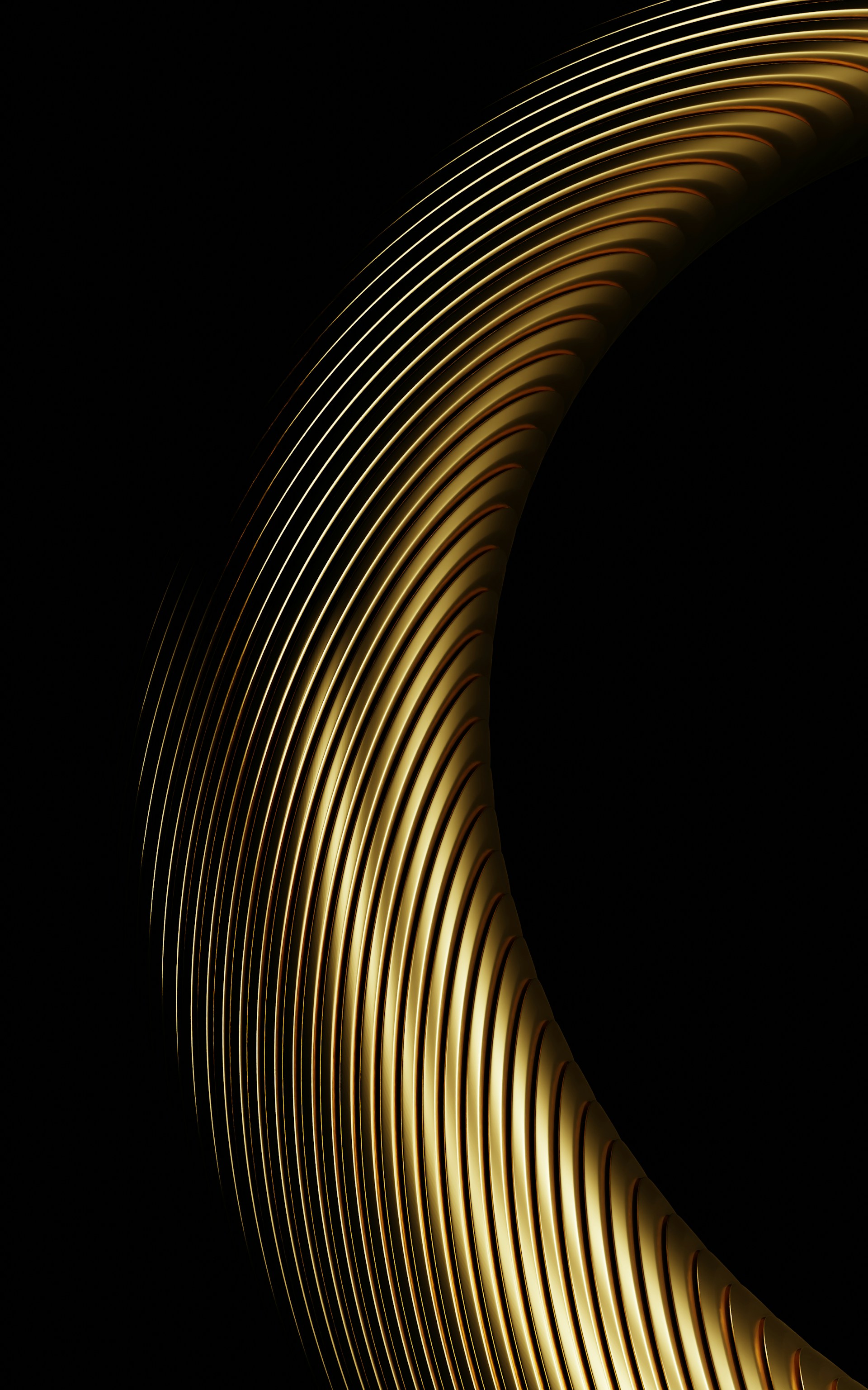 Abstract golden curved ribbed shape on black background