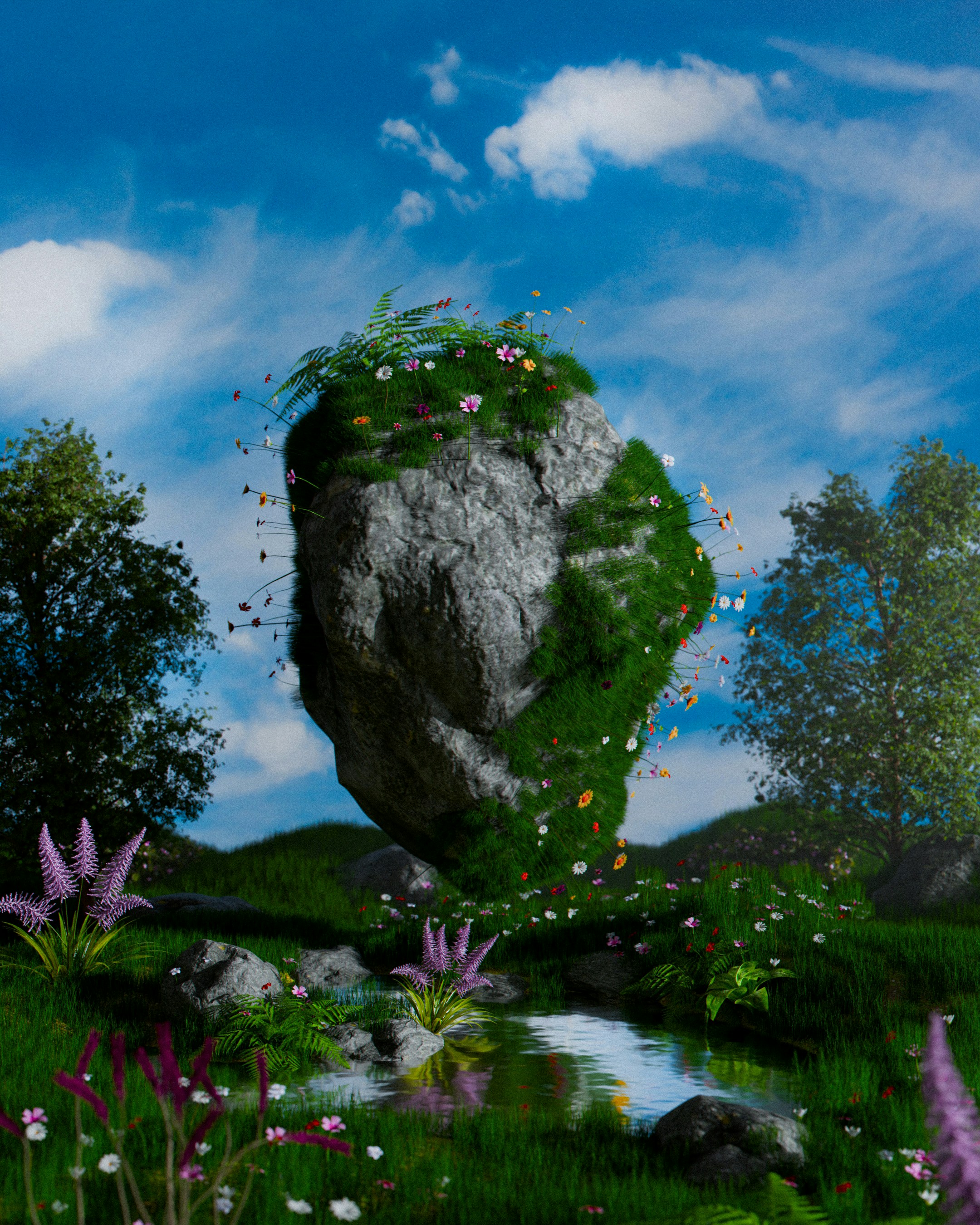 Uma grande pedra coberta de grama e flores.