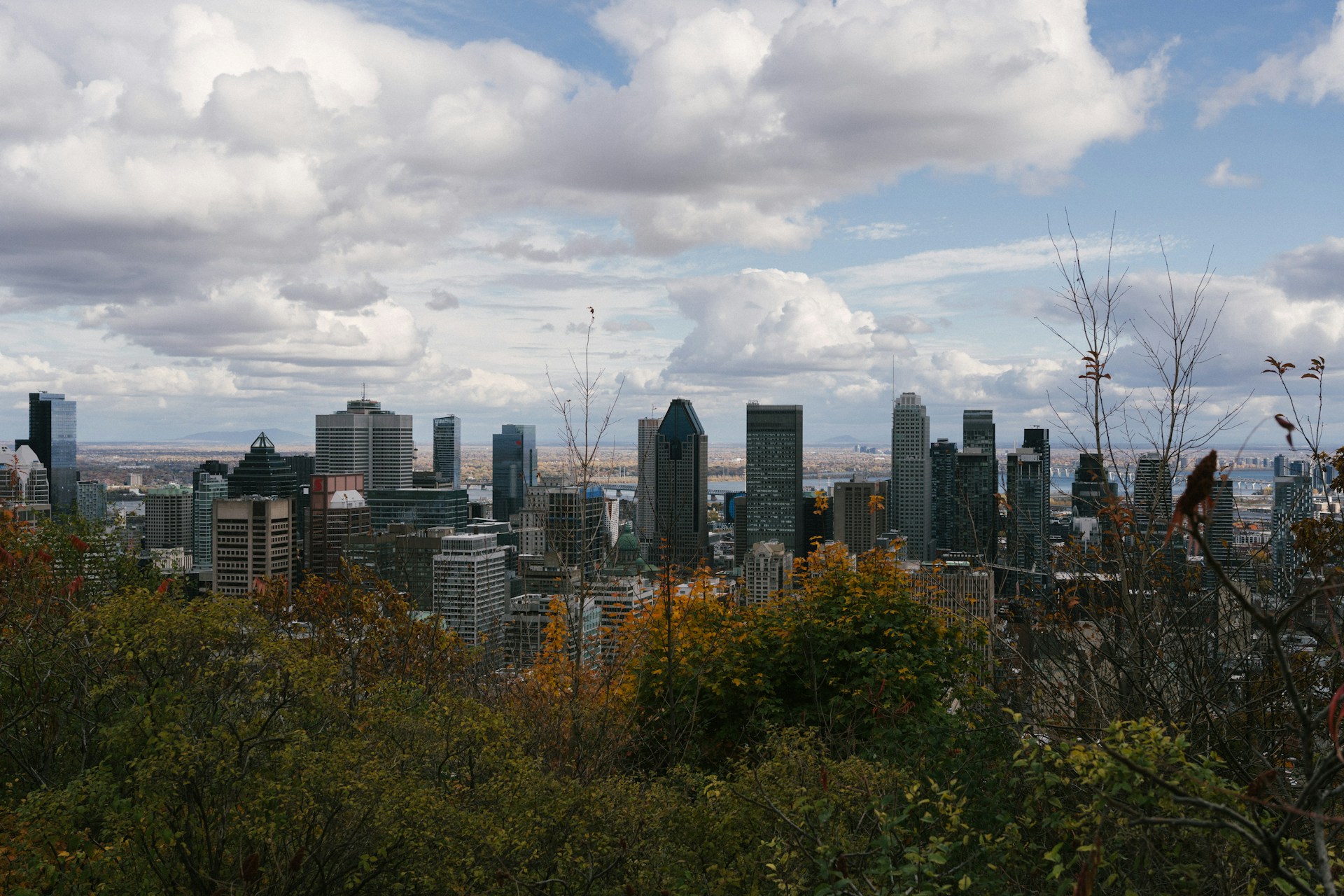 City skyline with buildings under a cloudy sky.