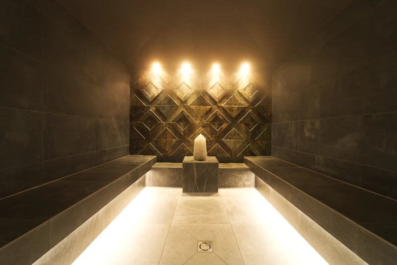 Warm golden spa treatment room interior in Jaipur