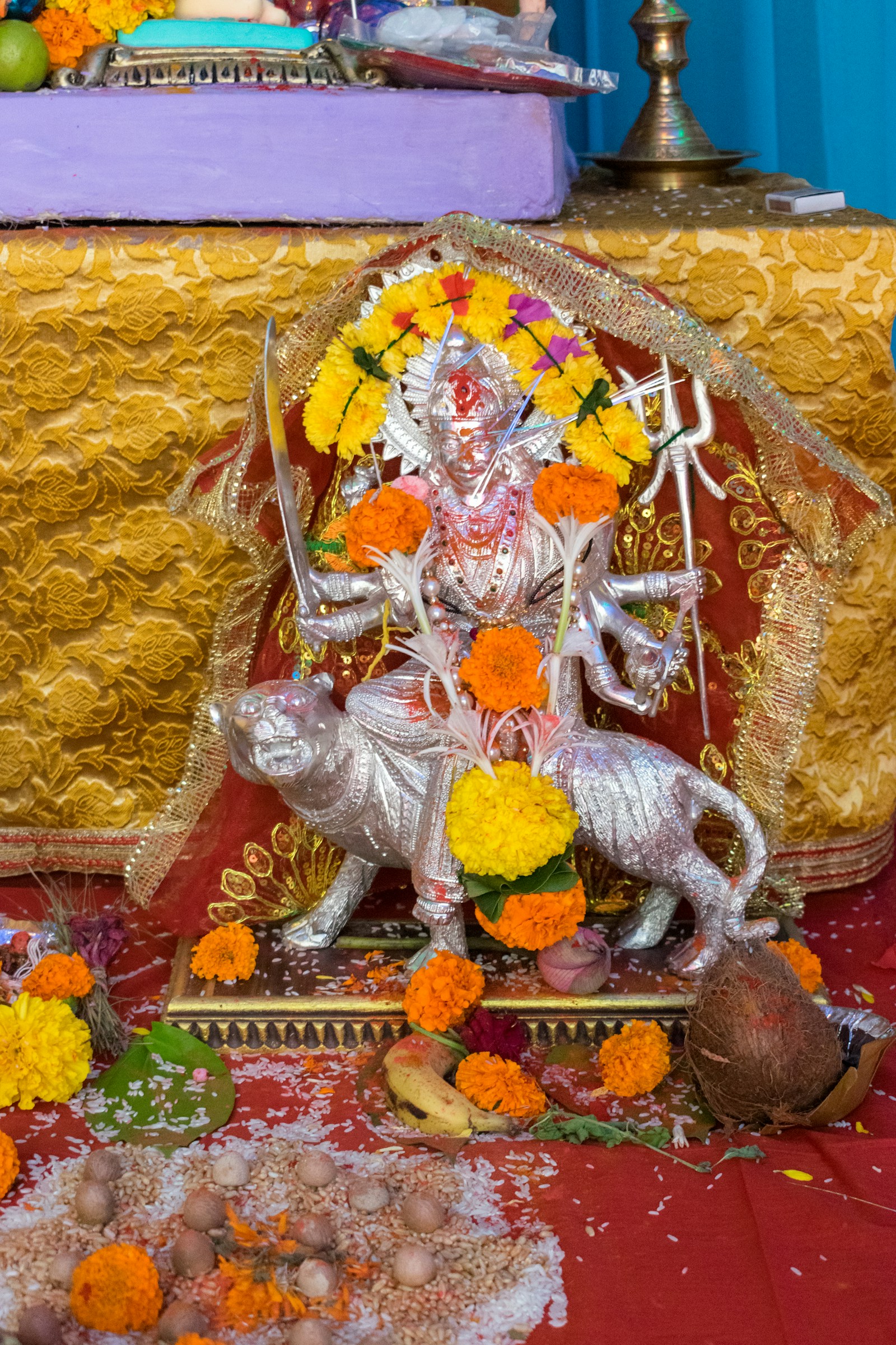 Goddess Durga Mahishasura Mardini idol during Navratri puja