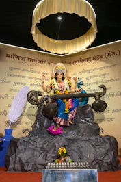 Goddess saraswati statue with peacock and quill