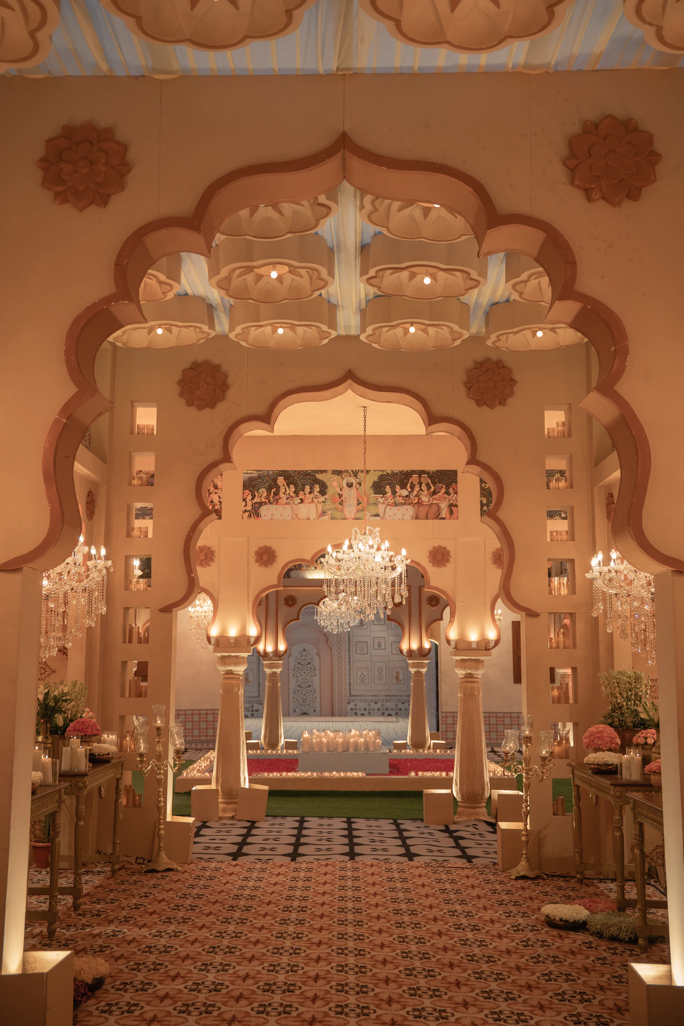 Palace archway with cascading chandeliers
