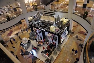 People shopping in a modern, multi-level mall.