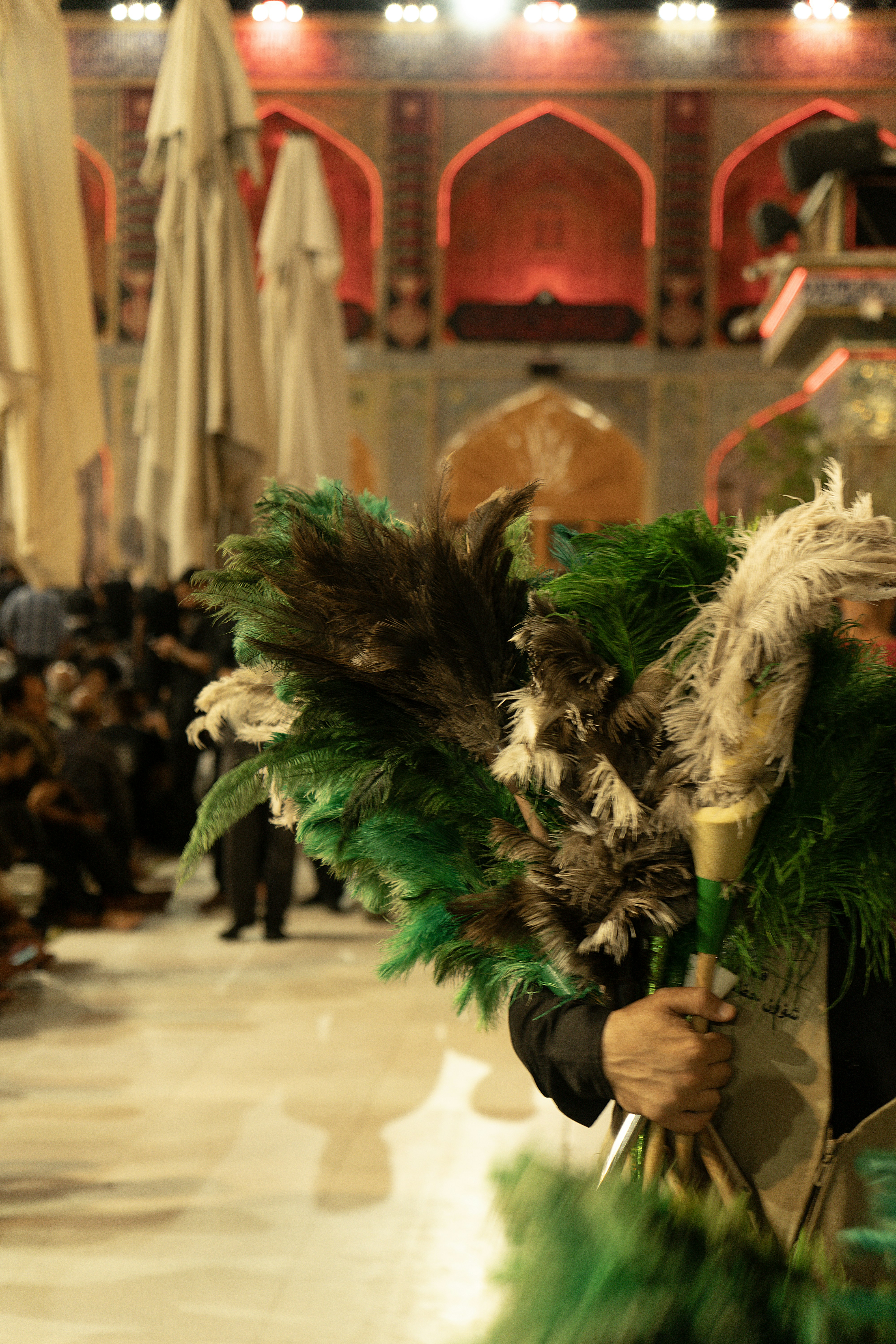 Persona sosteniendo pancartas decorativas de plumas con edificio ornamentado