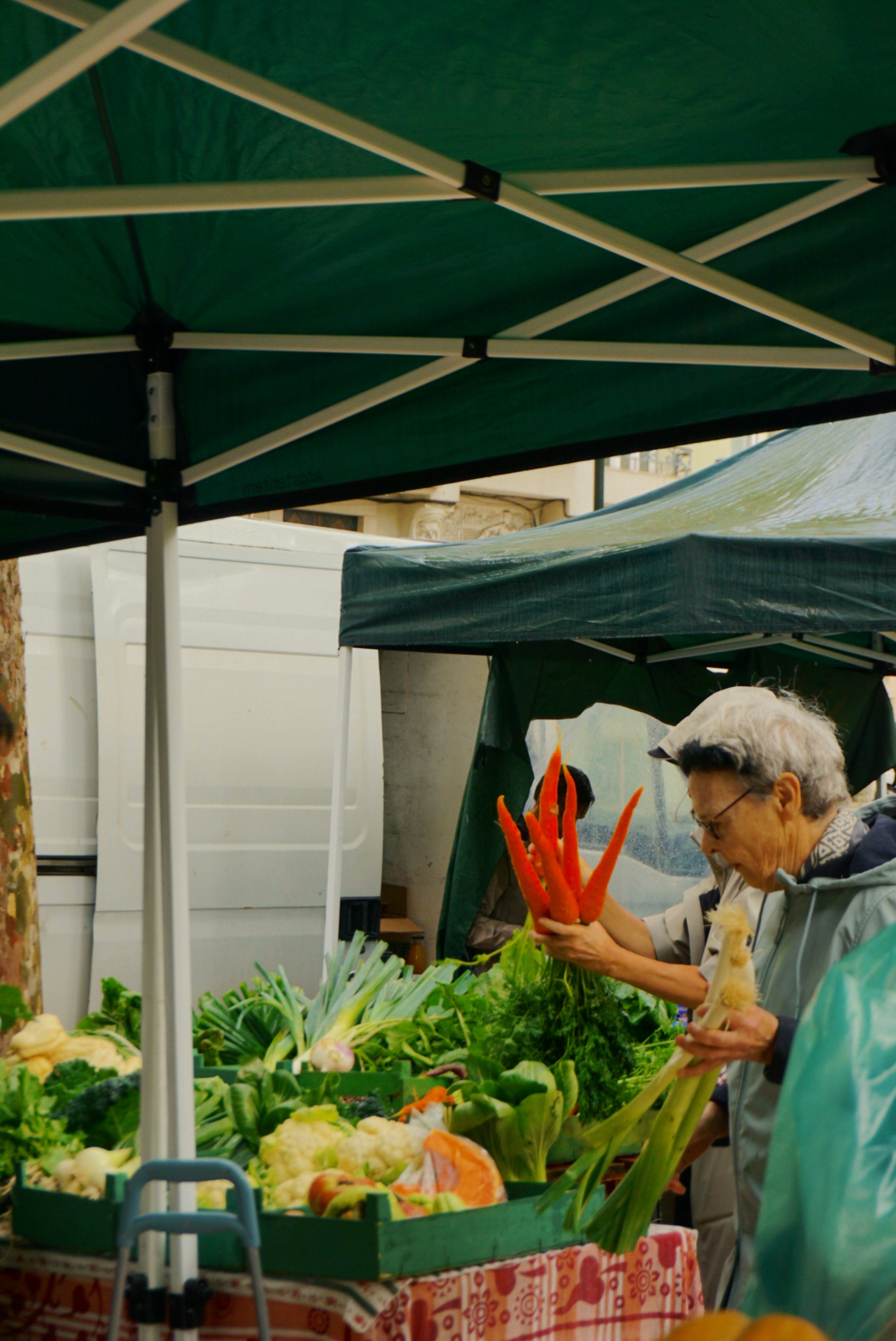 Elderly person holding red peppers at market stall