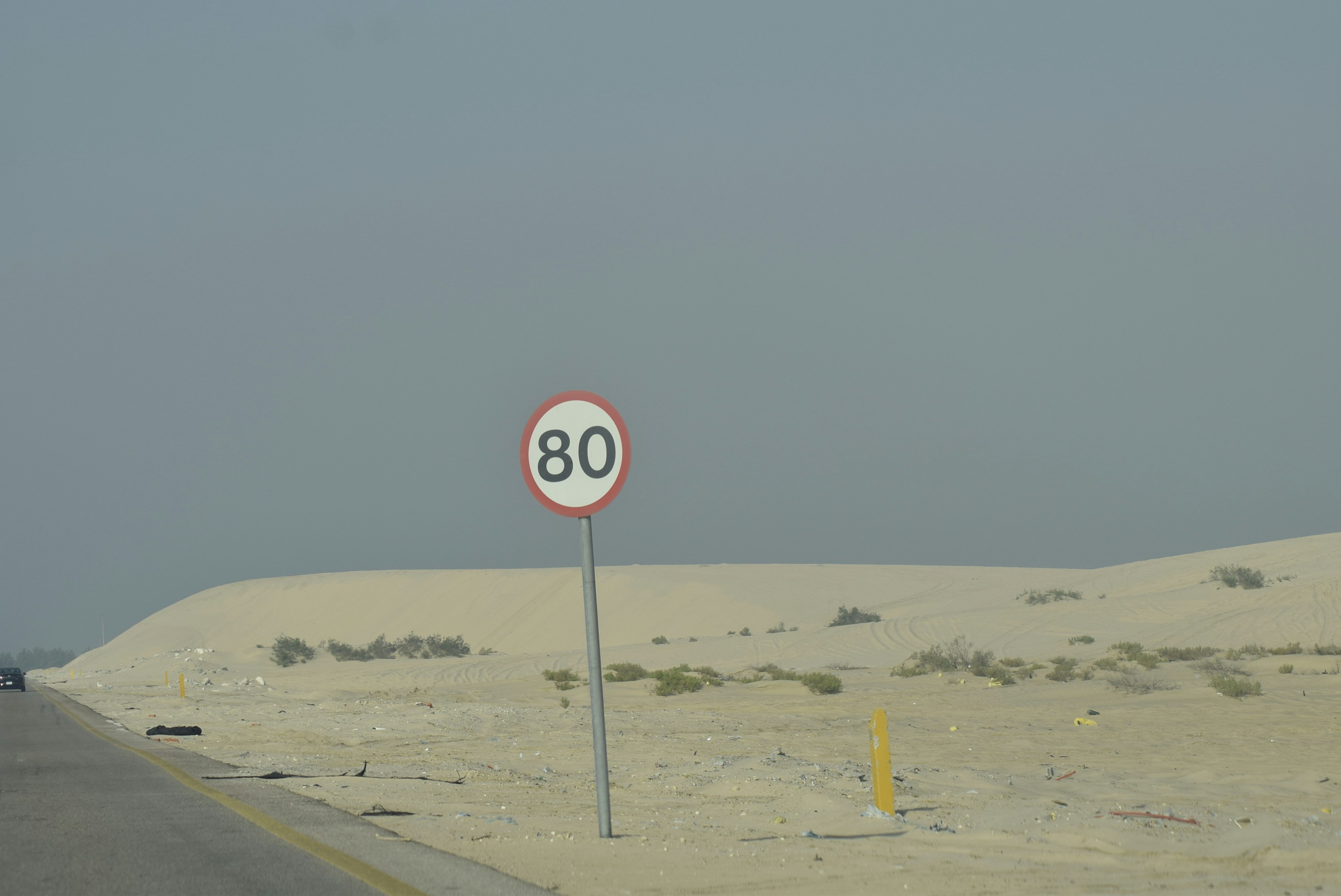 Speed limit sign shows 80 in desert landscape