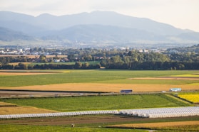 Green and yellow fields with distant mountains and town.