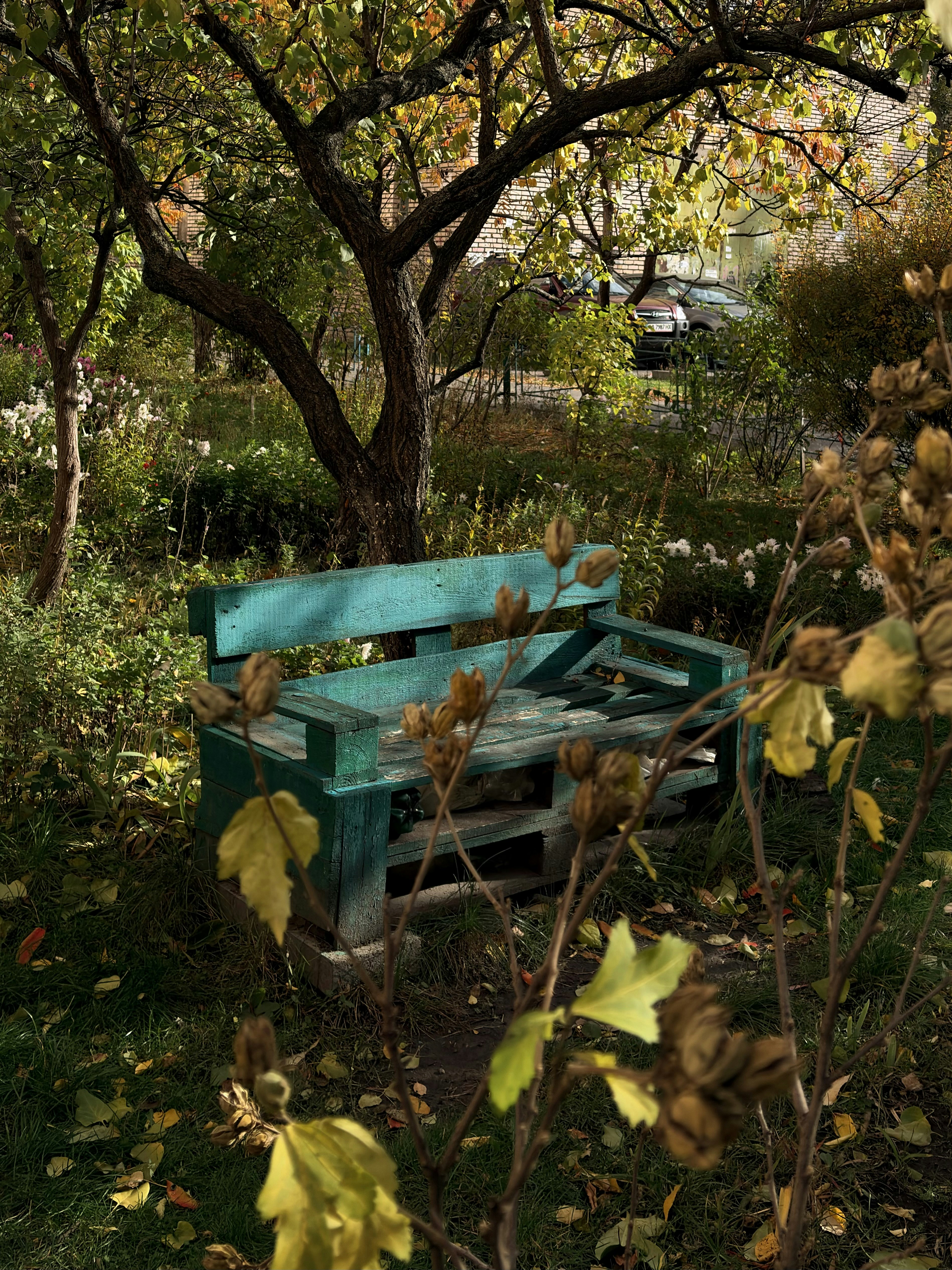 A weathered green bench sits in an autumn garden.