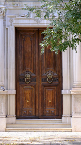 Ornate wooden double doors with lion head knockers