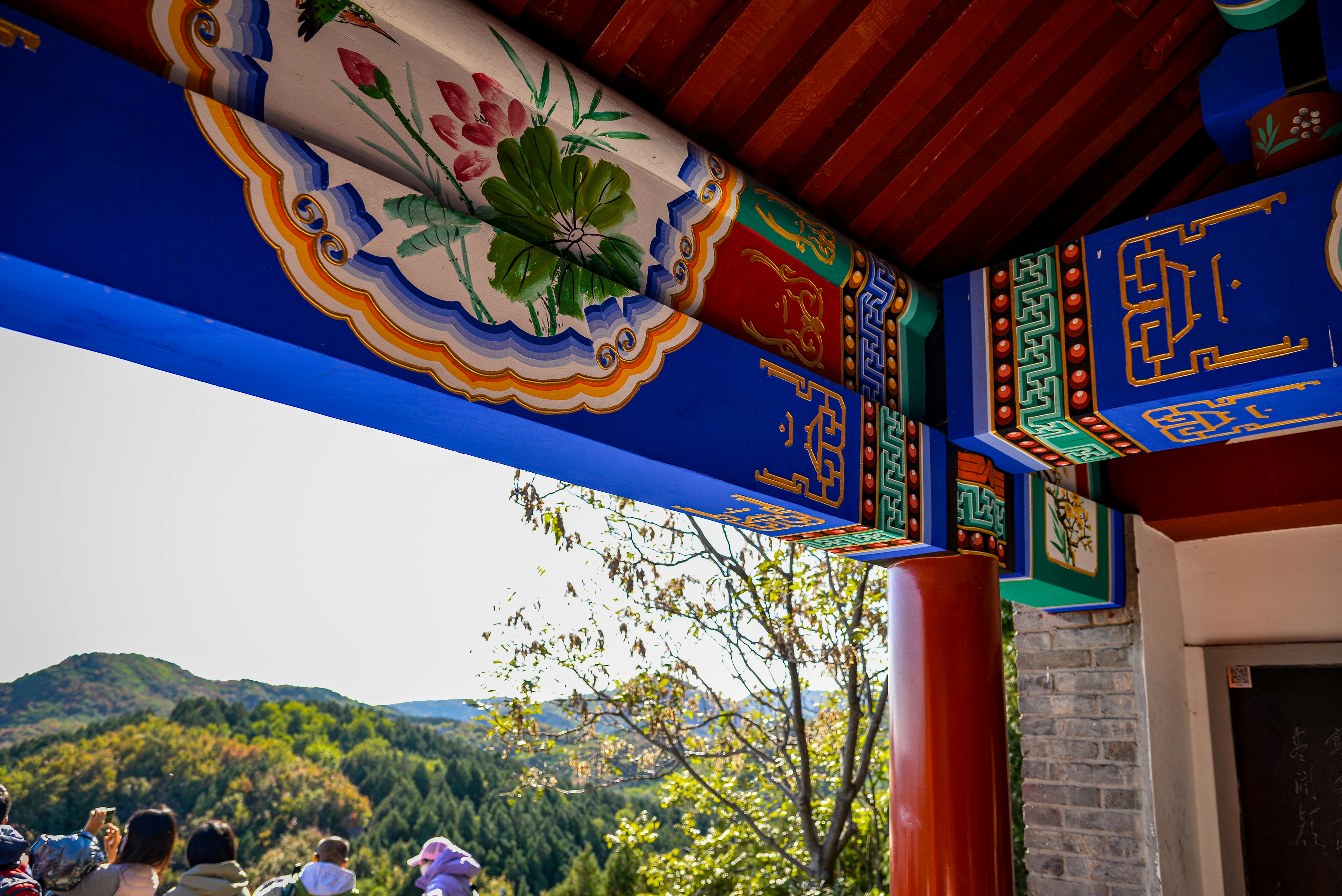 Ornate blue beams with floral designs on building