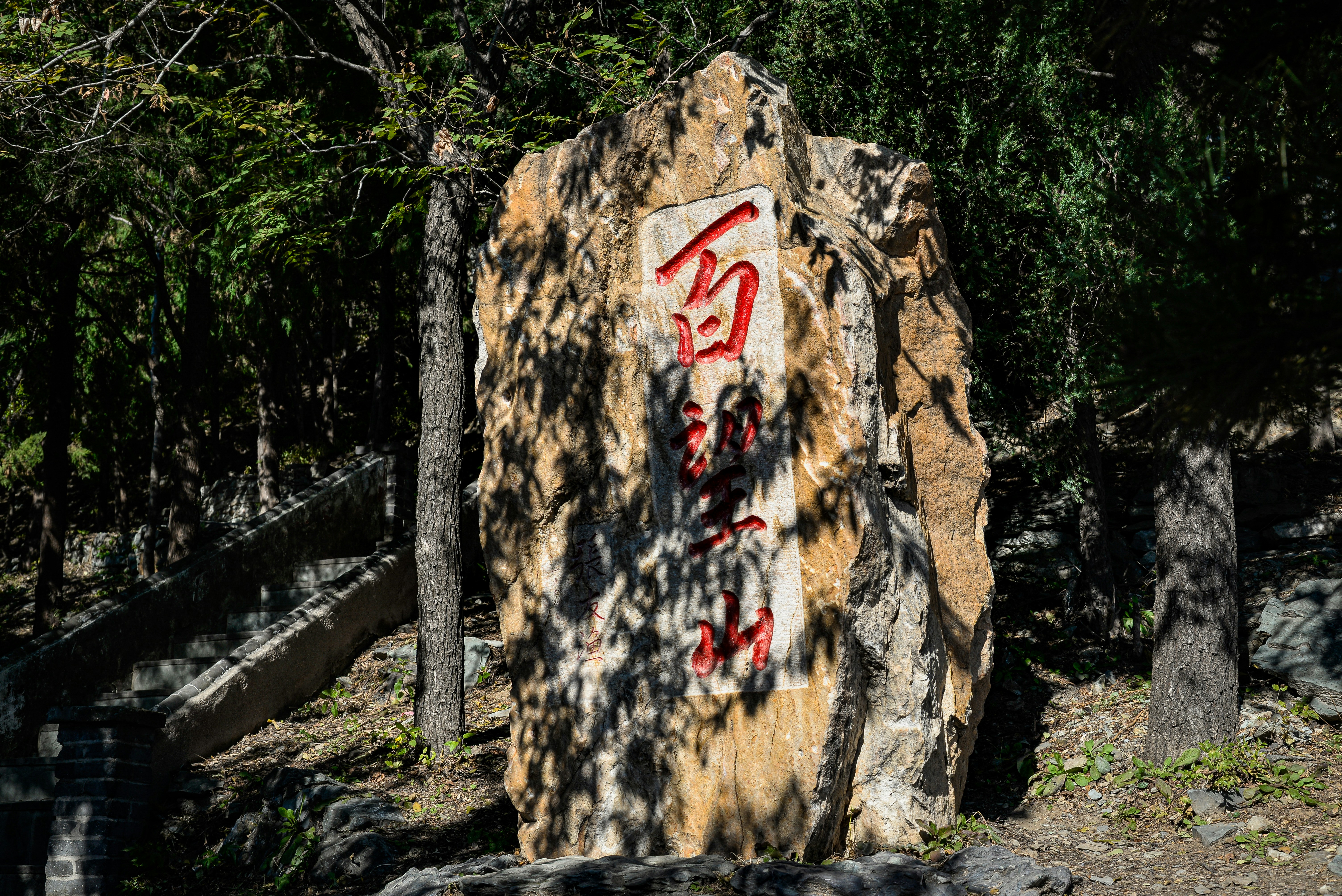 Stone monument with red chinese characters in forest