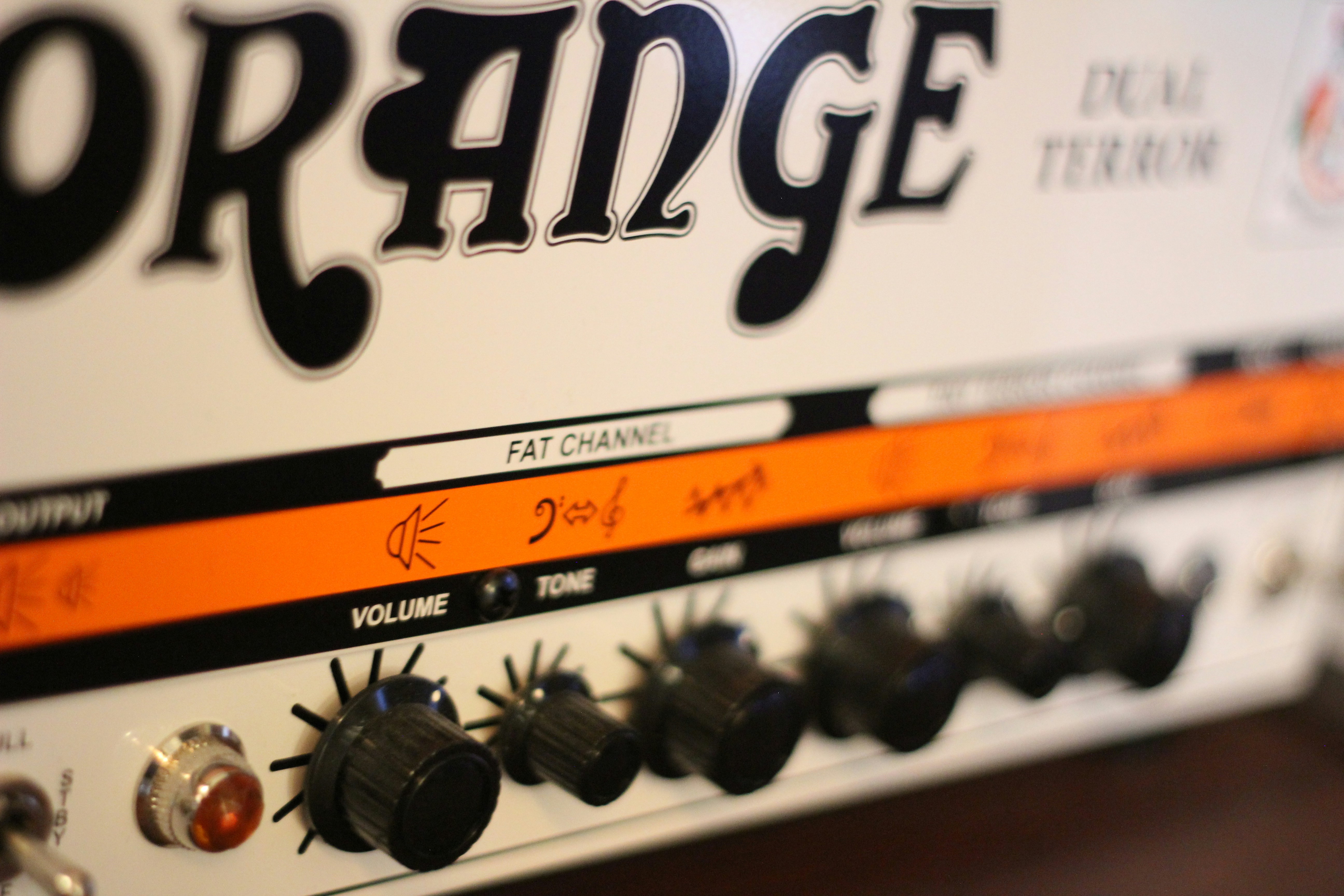Close-up of an orange dual terror guitar amplifier