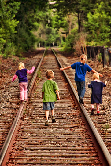 Four children walk down railroad tracks.