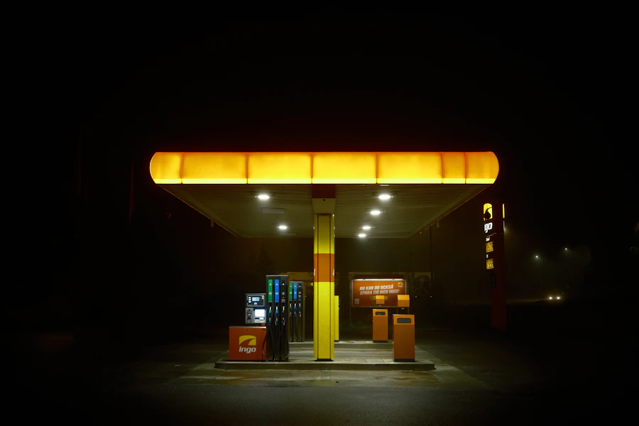 Fuel station canopy and pumps