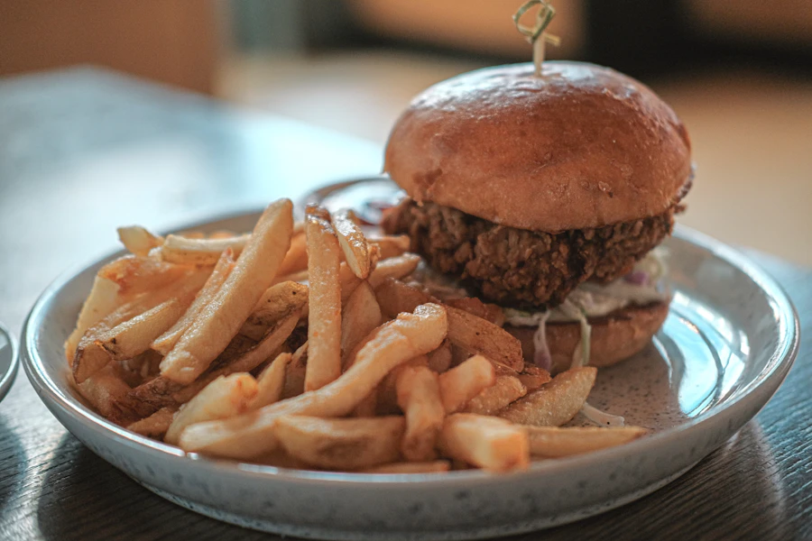 Burger vegetariano artesanal acompanhado de batata frita