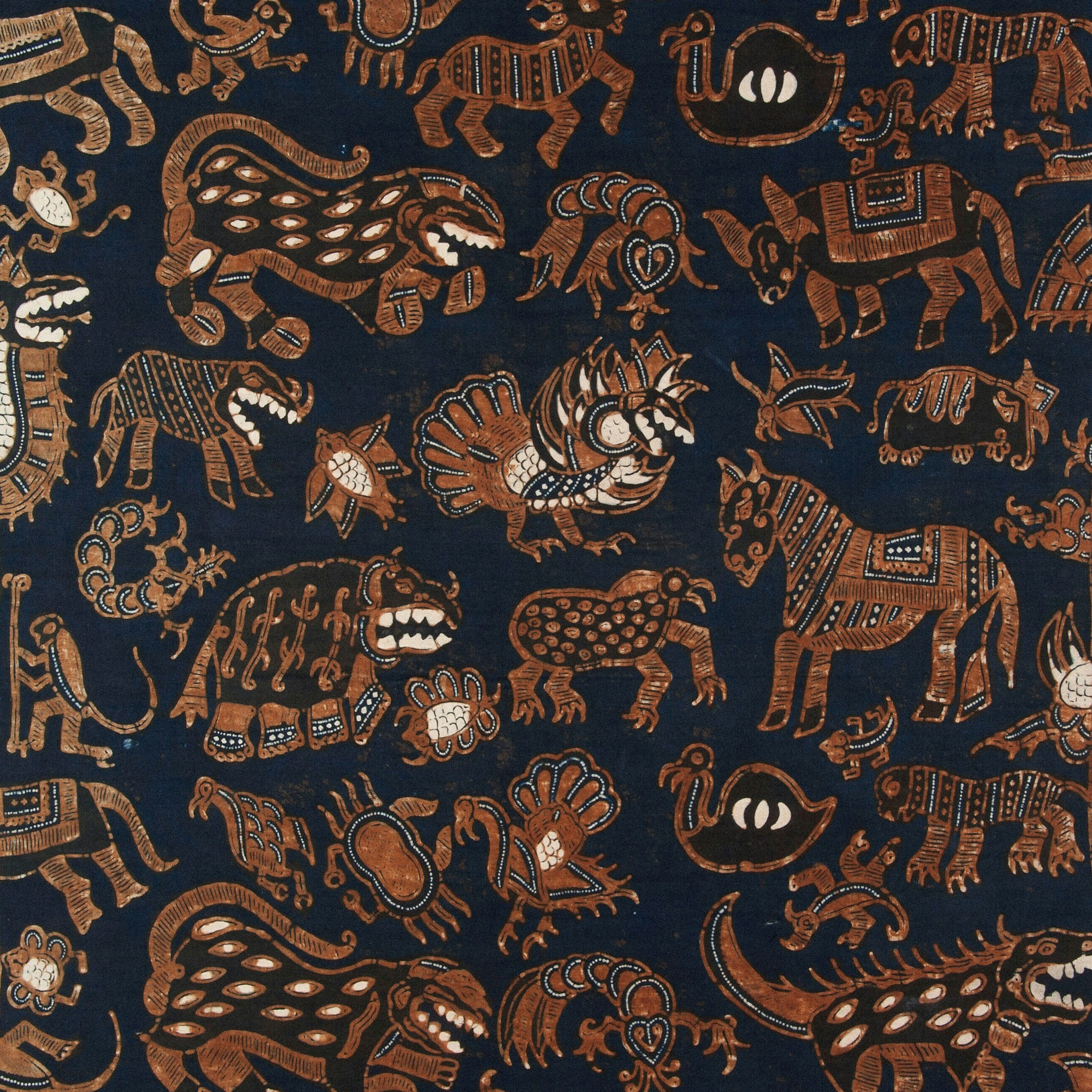 A dark blue fabric with many brown animal illustrations.