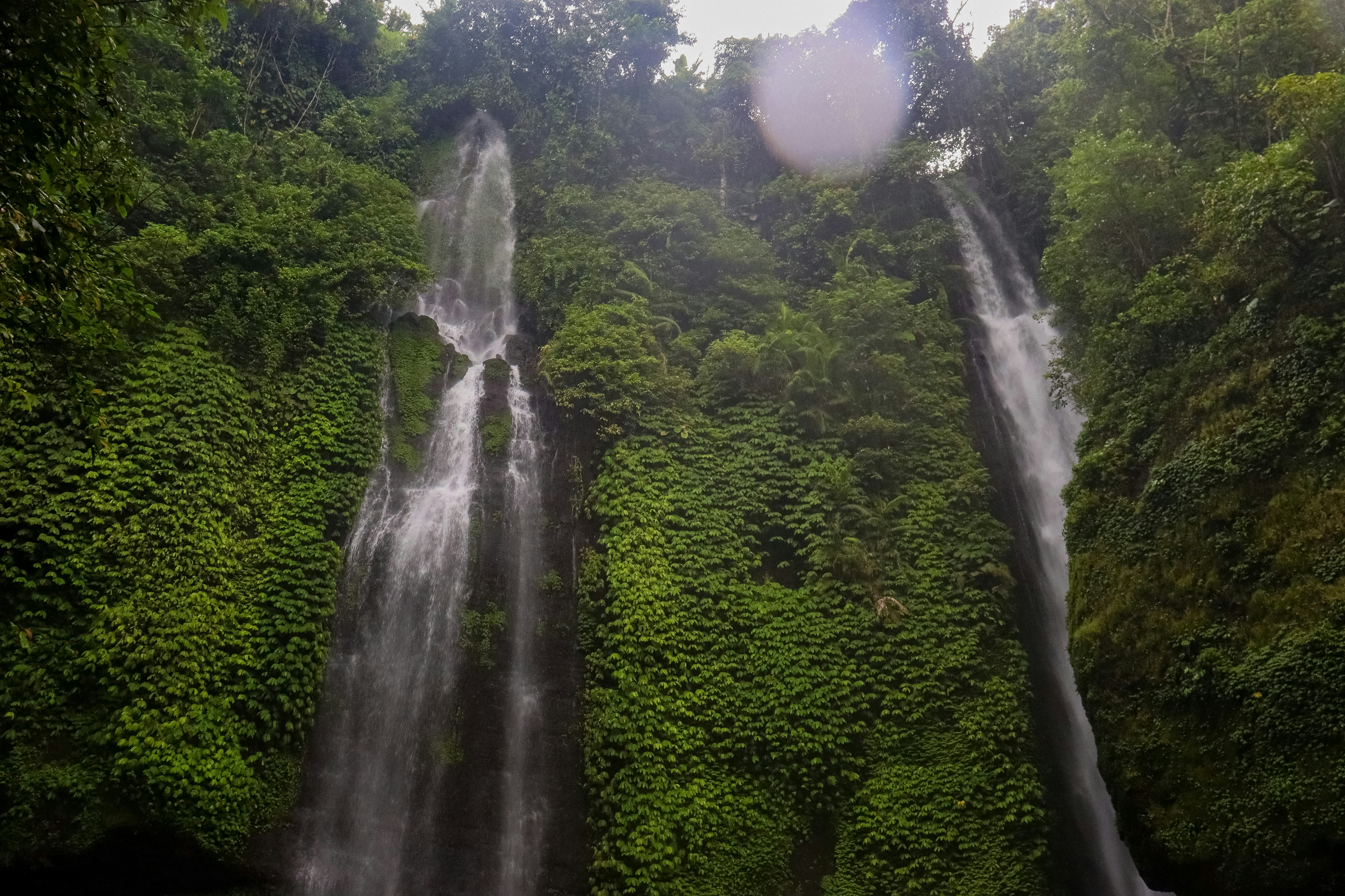 Two waterfalls cascade down lush green cliffs.