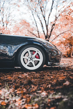 Black sports car with white wheels in autumn
