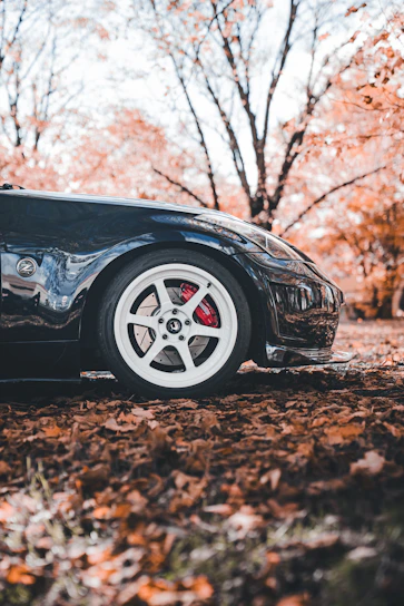 Black sports car with white wheels in autumn