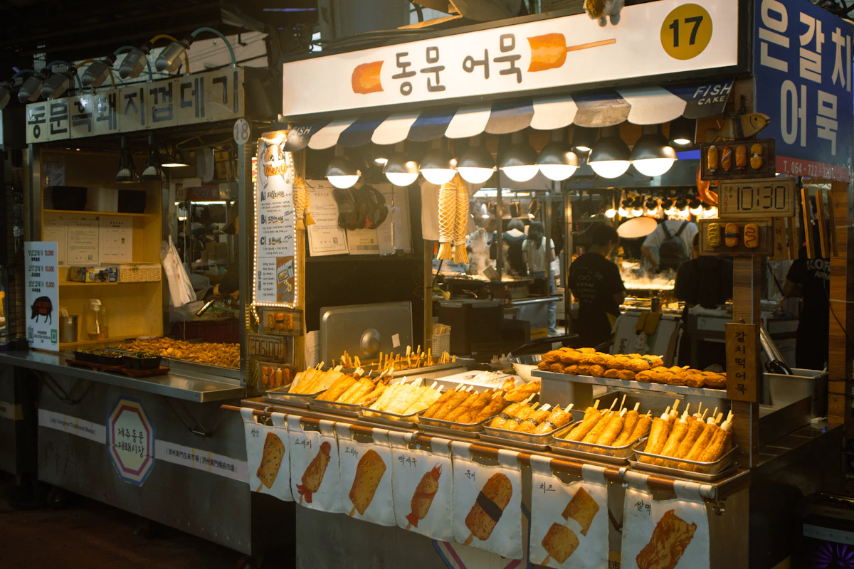 A Korean street food stall selling skewers of fish cake, called eomuk