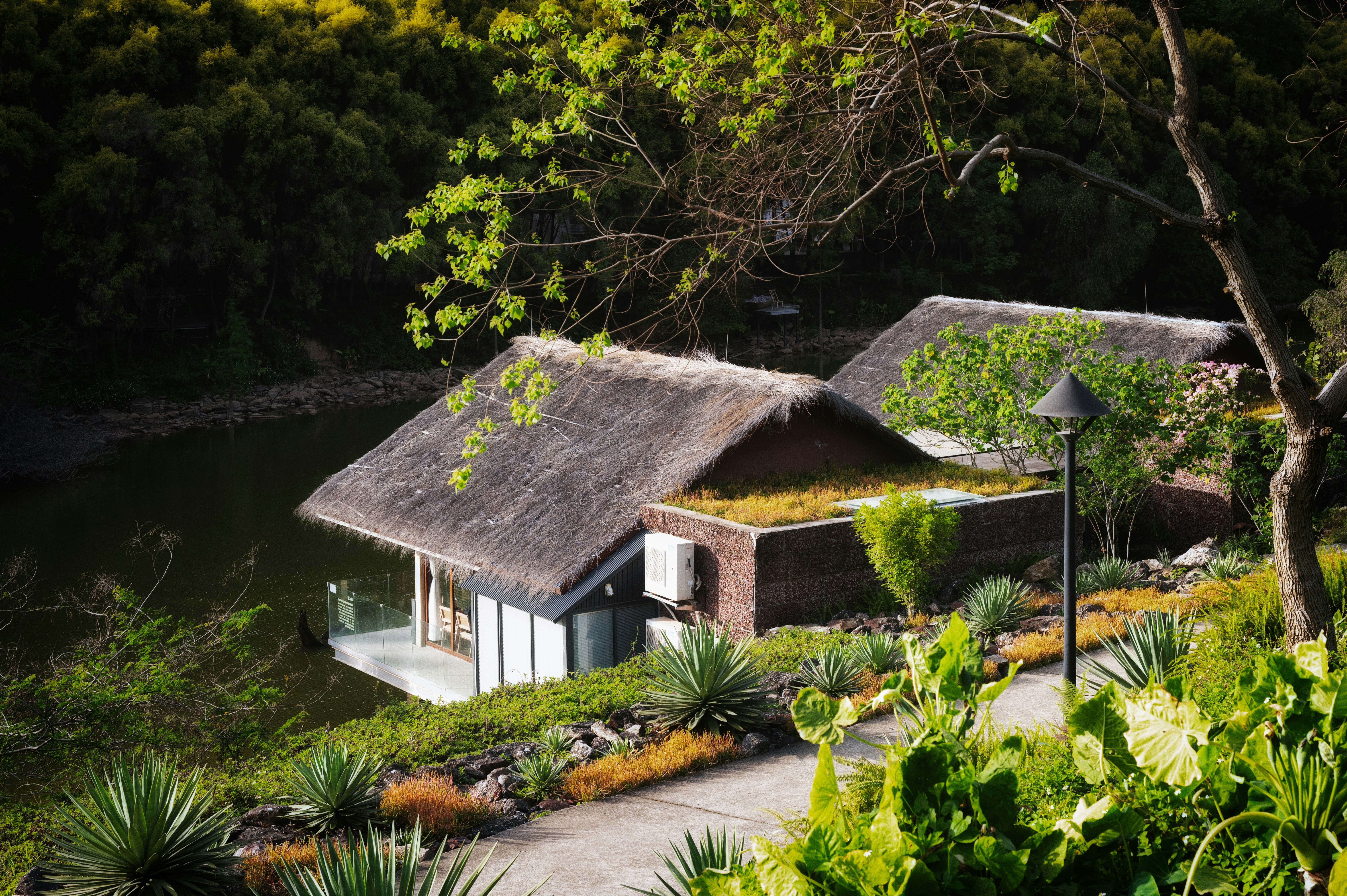 Thatched roof bungalows nestled by tranquil water