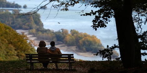 Couple sitting on bench overlooking autumn landscape