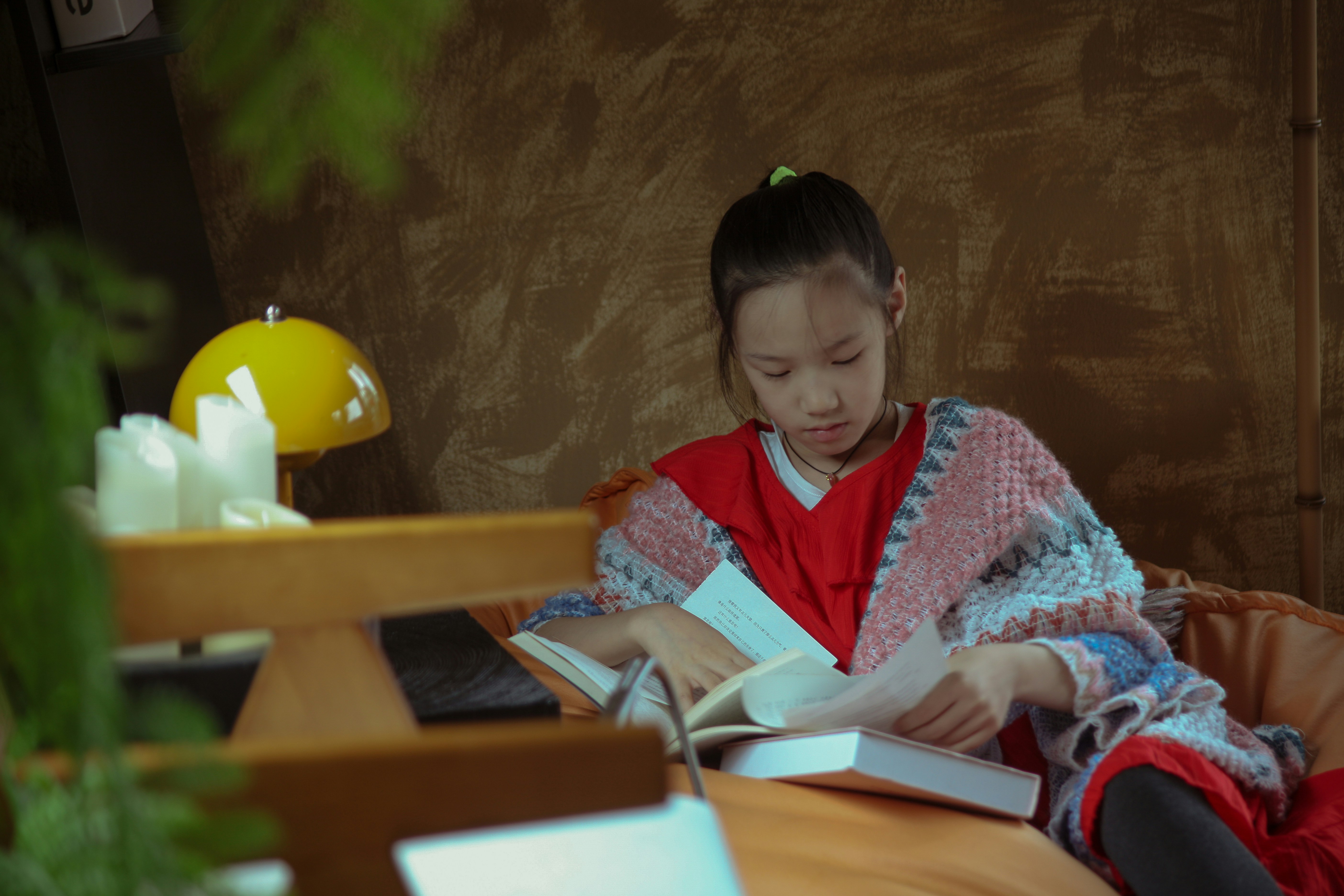 Young girl reading a book indoors