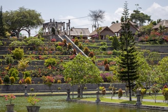 Tiered gardens with stone architecture and vibrant flowers