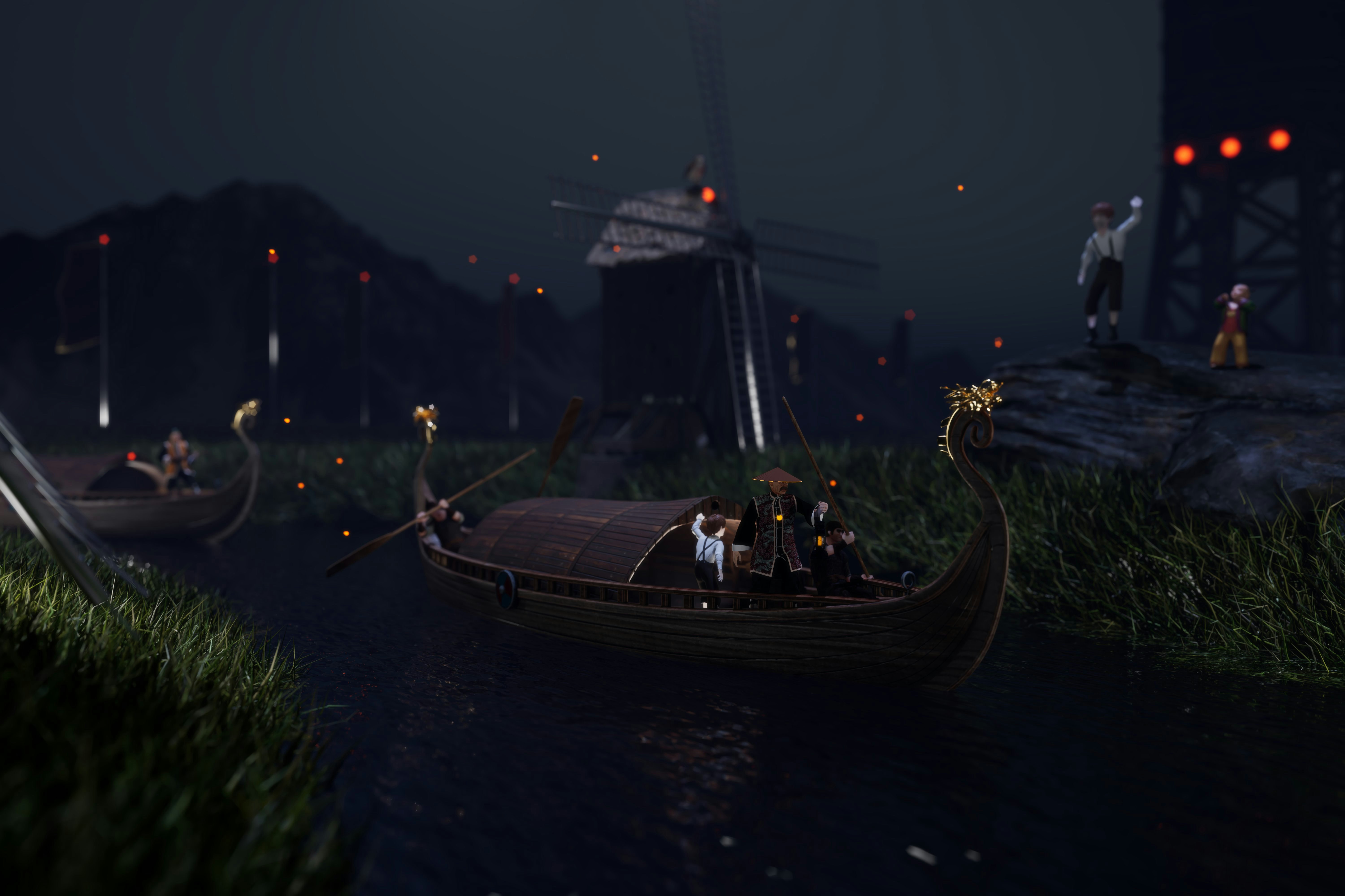 La nuit, des navires vikings descendent une rivière sombre.