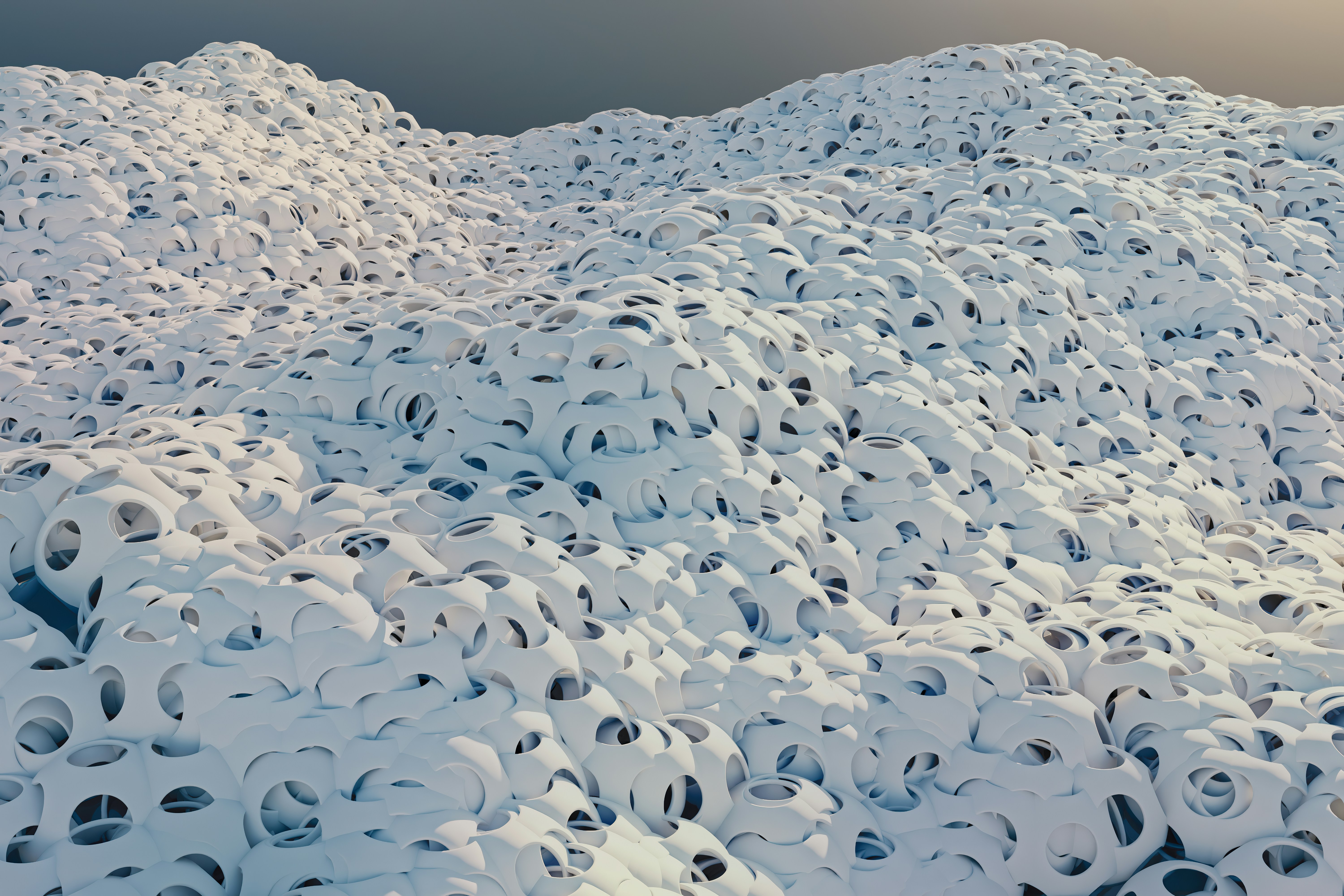 Abstract landscape of white spheres with holes