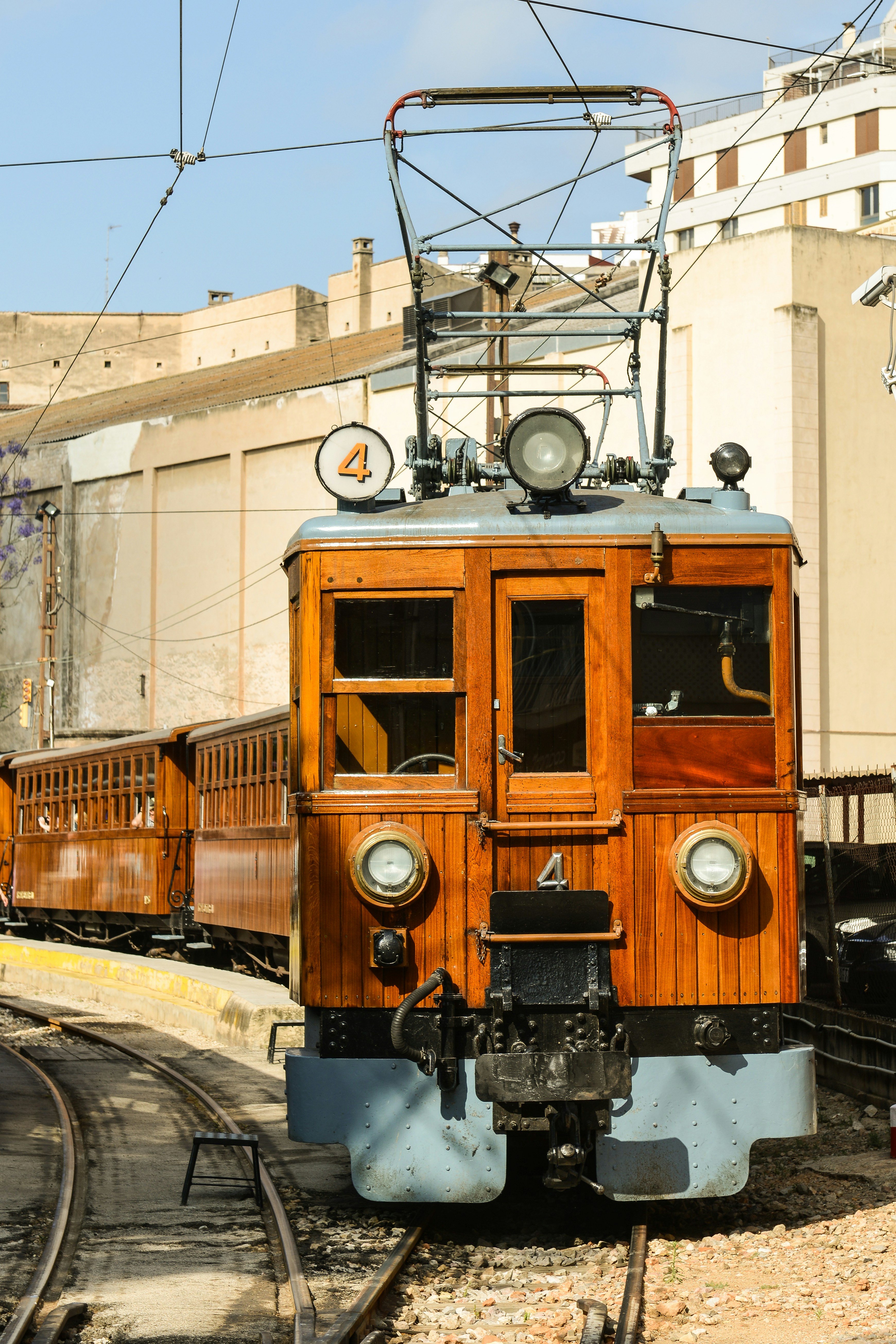 Vintage wooden train on tracks