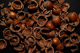 Pile of cracked hazelnut shells on a dark surface