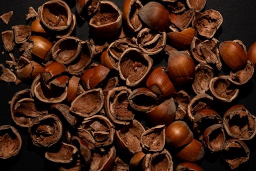 Pile of cracked hazelnut shells on a dark surface