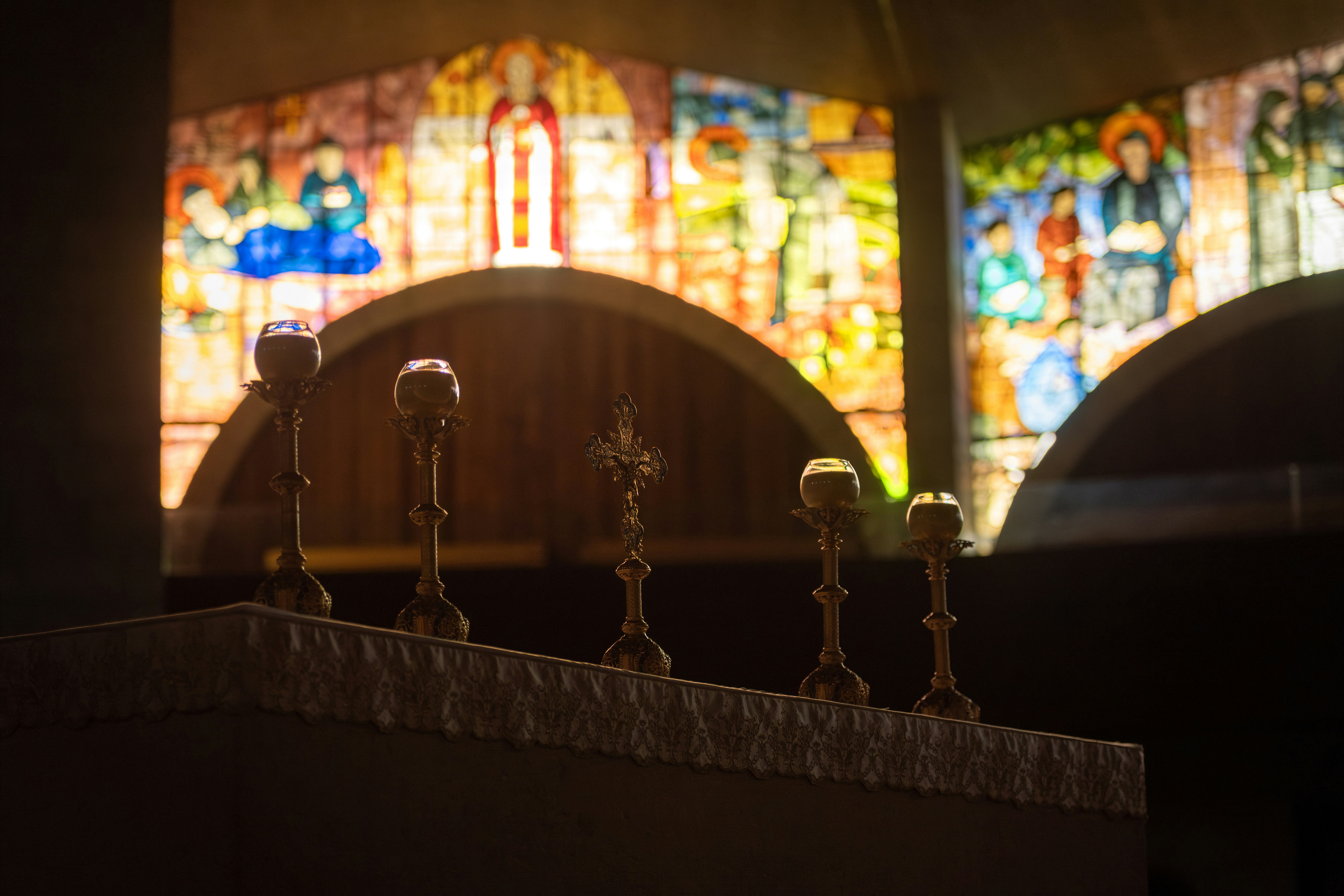 Religious altar with stained glass windows